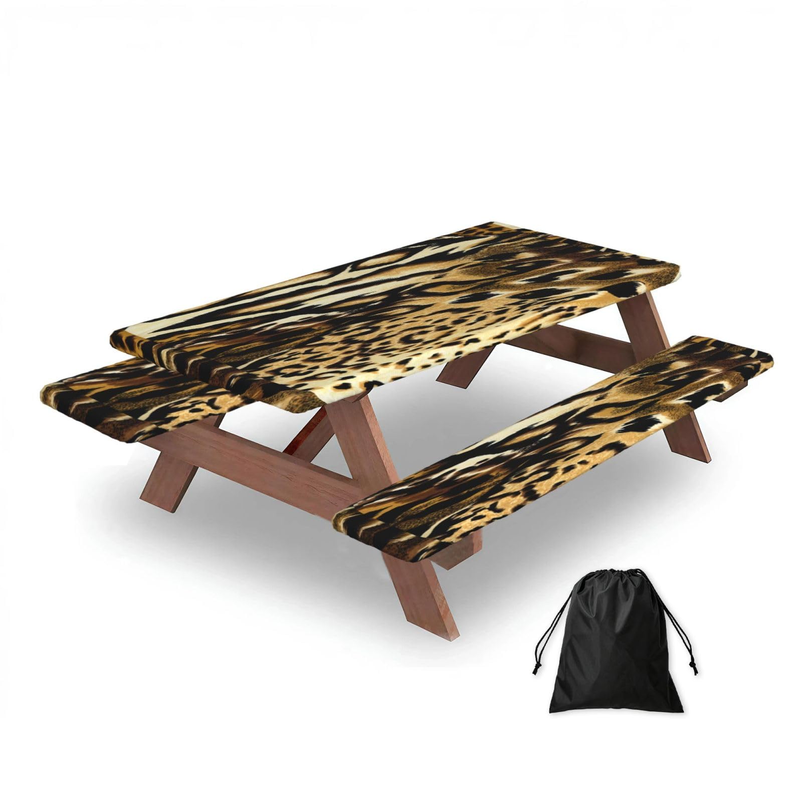 Dopklna As Picture Leopard Lion Tiger Skin Fur Brindle, Picnic Table Cover With Bench Covers -Waterproof Elastic Fitted Tablecloth For Garden Camping Patio 76X152cm