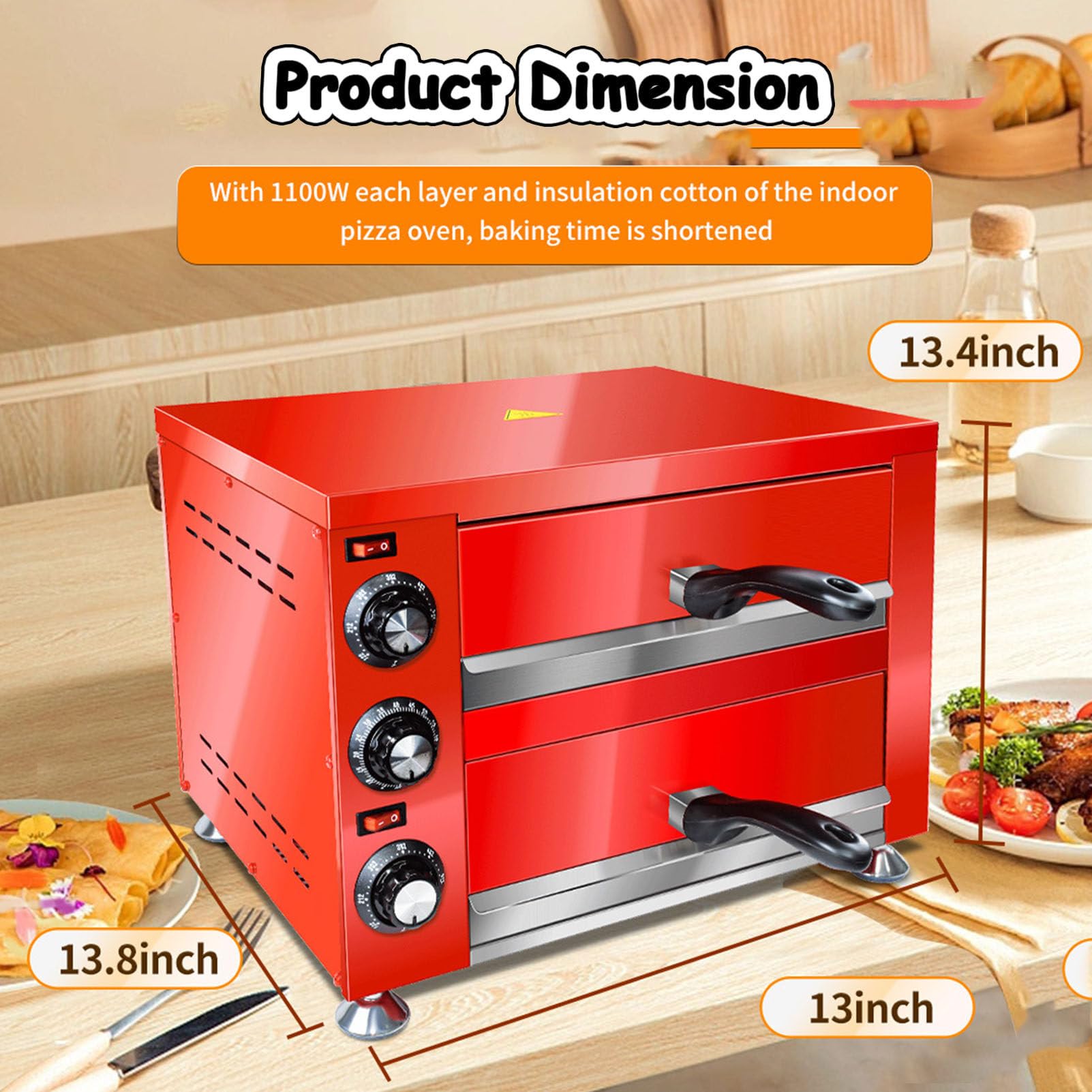 Forno per Pizza da banco Forno Elettrico per Pizza da Interno con Finestra di visualizzazione Fornello per Pizza Commerciale in Acciaio Inox a 2 Strati con Timer per casa Ristorante Hotel