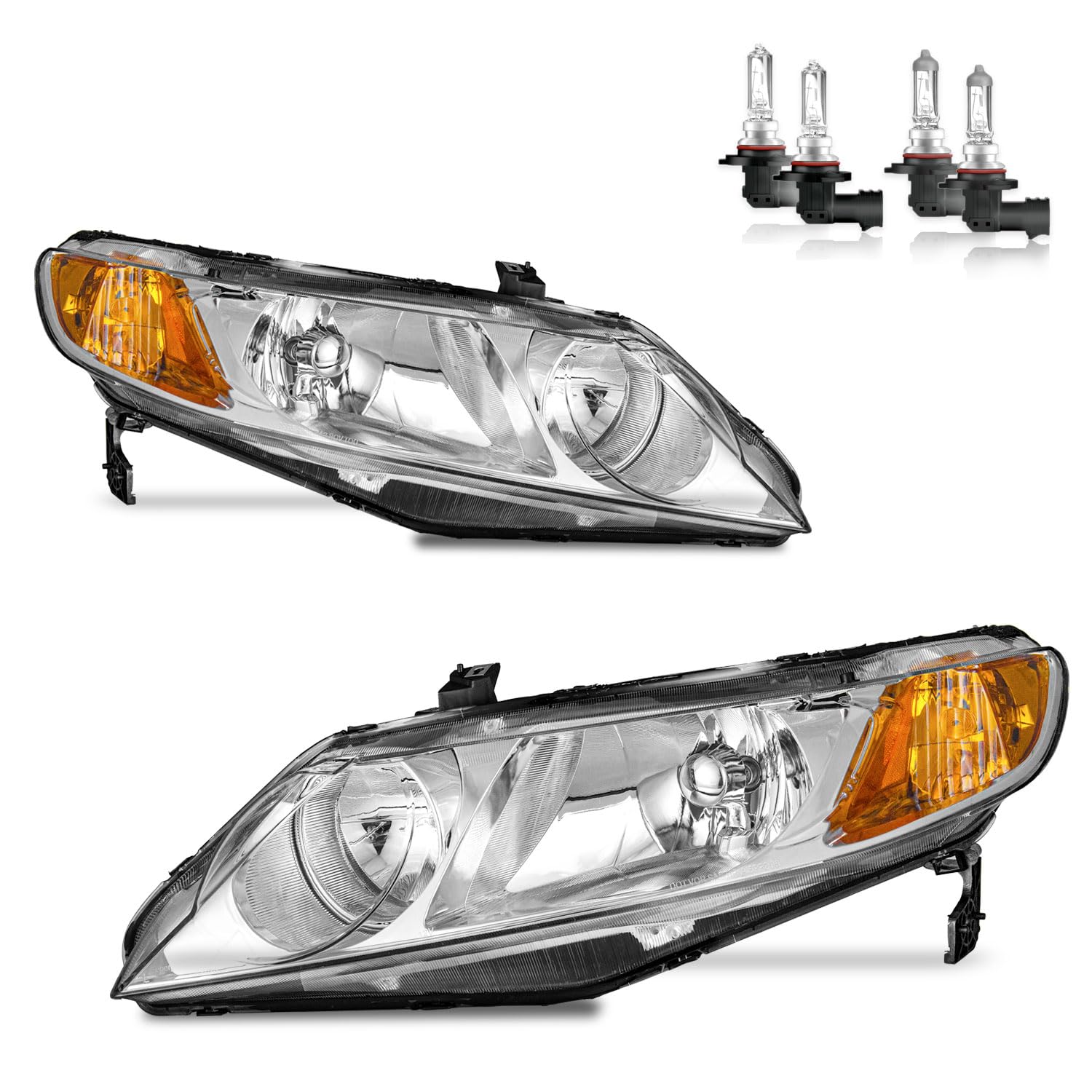 Headlights Assembly for 2006-2011 Honda Civic 4-Door Headlamp Replacement Chrome Housing Driver & Passenger Side (NOT fit 2-Door)