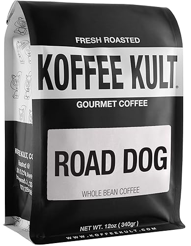 Koffee Kult Granos de café tostados oscuros, mezcla de café arábica de cuerpo completo de Koffee Kult's galardonado "Road Dog" (grano entero de 12