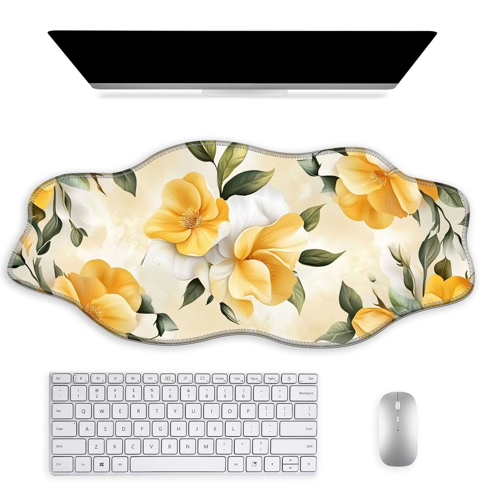 Desk Mat XL–35.4x15.7in Large Gaming Mouse Pad,Non-Slip Keyboard Pad with Stitched Edges,Waterproof & Durable Surface,Extended Desk Pad for Computer,Office,Home,Fresh Yellow White Flowers