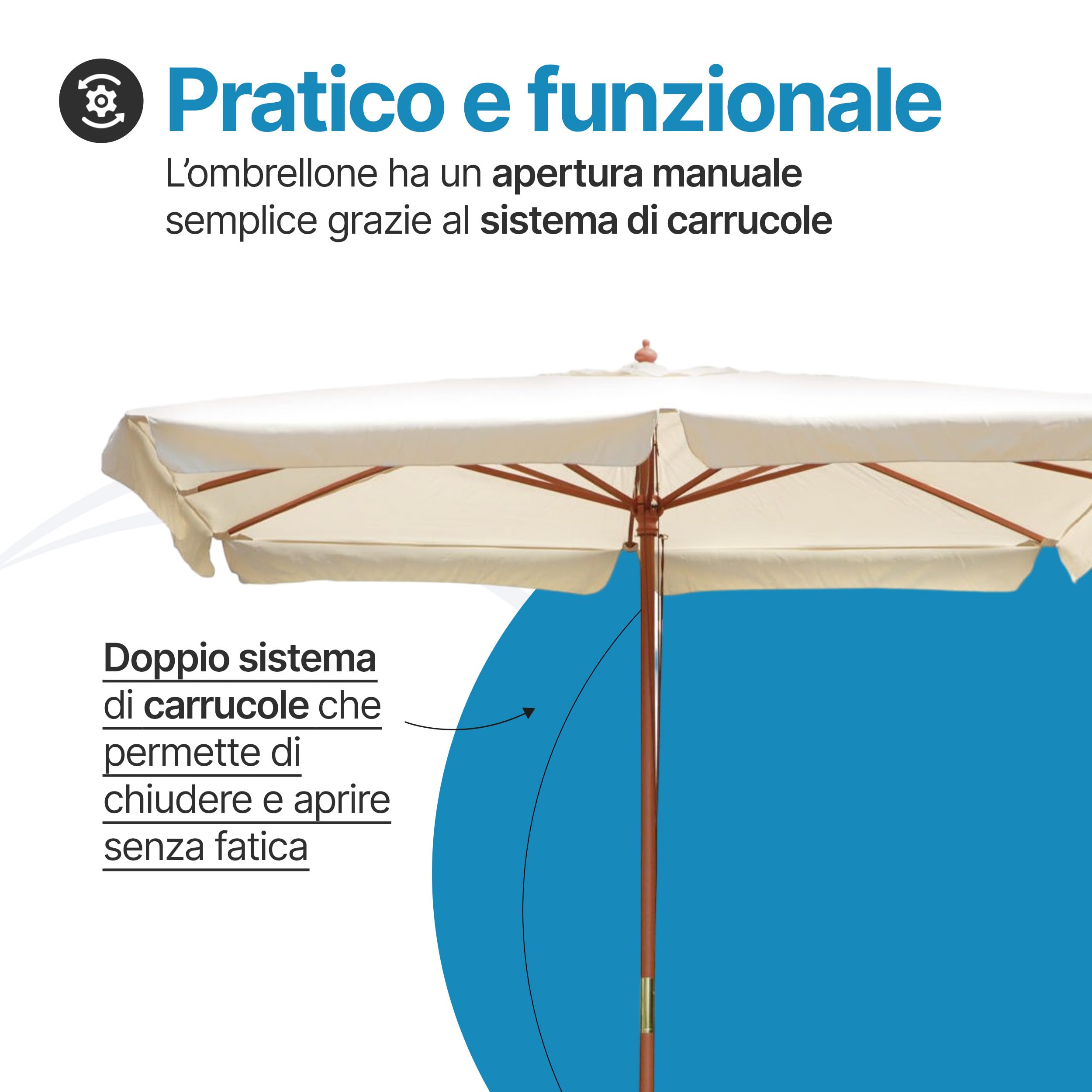 Tomaino - Ombrellone Da Giardino 3x3 cm Quadrato In Legno - Ombrellone da Esterno con Apertura a Carrucola - Telo Antivento in Poliestere Resistente Resinato 180gr