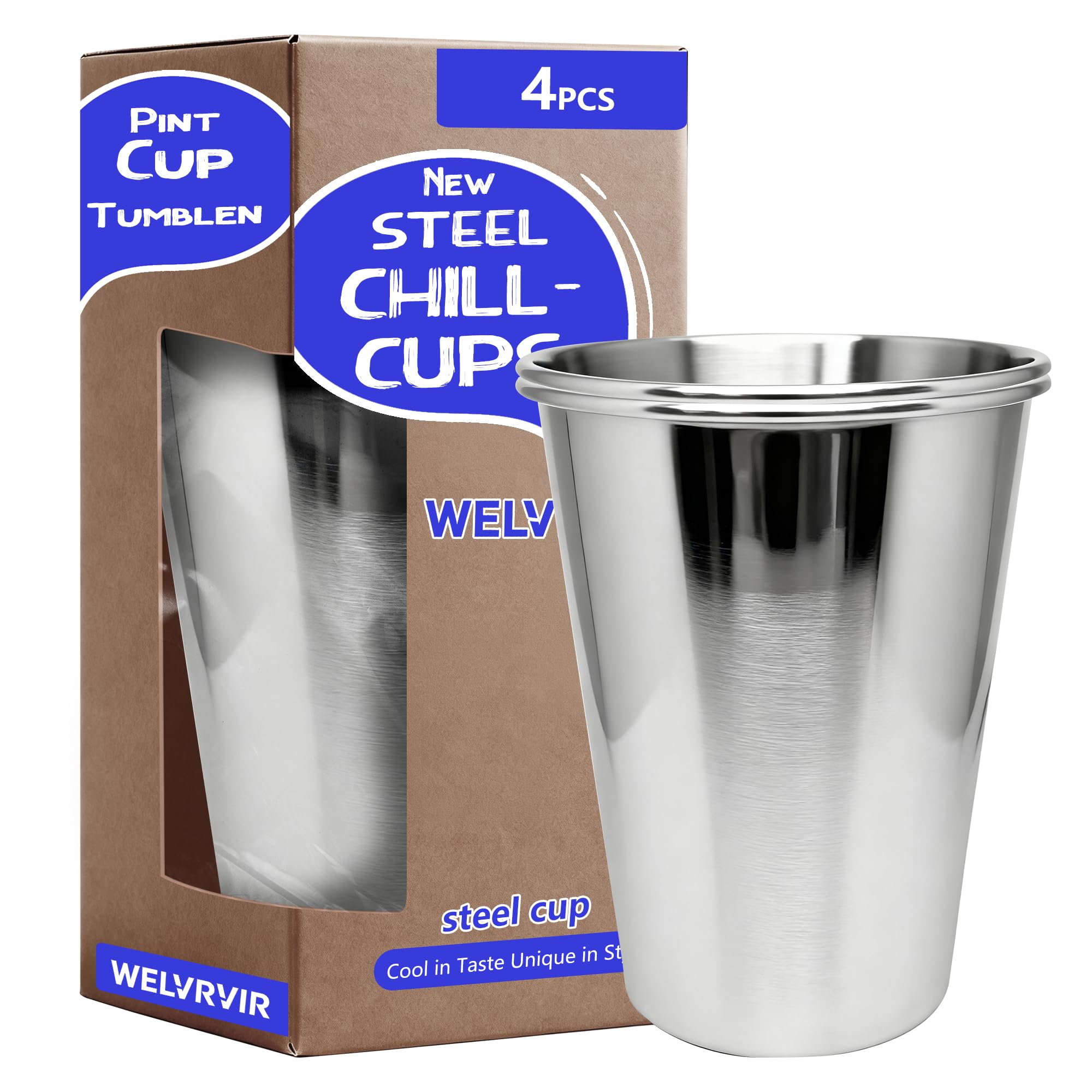WELVRVIR 20oz 4PCS Stainless Steel Pint Cup,Pint Tumbler,Reusable metal Cups,Stainless Steel Water Tumbler,BPA Free,Stackble,Durable,Unbreakable Metal