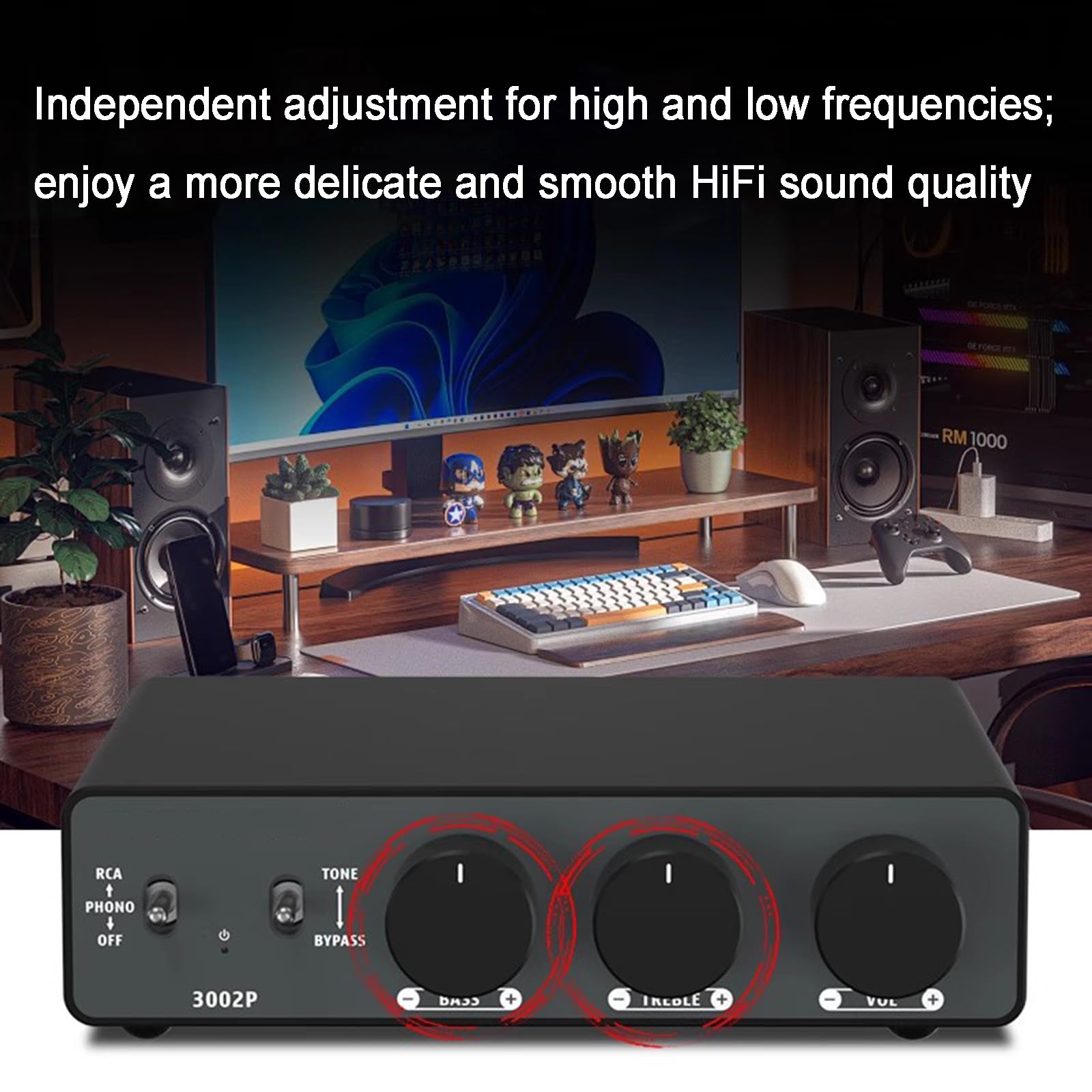 Amplificador De Fono Para Tocadiscos, Miniamplificador De Potencia HiFi De 2 Canales Estéreo Clase D, 300 W X2, Con Entrada RCA/PHONO Y Ajuste De Agudos Y Graves, Para Tocadiscos M/M