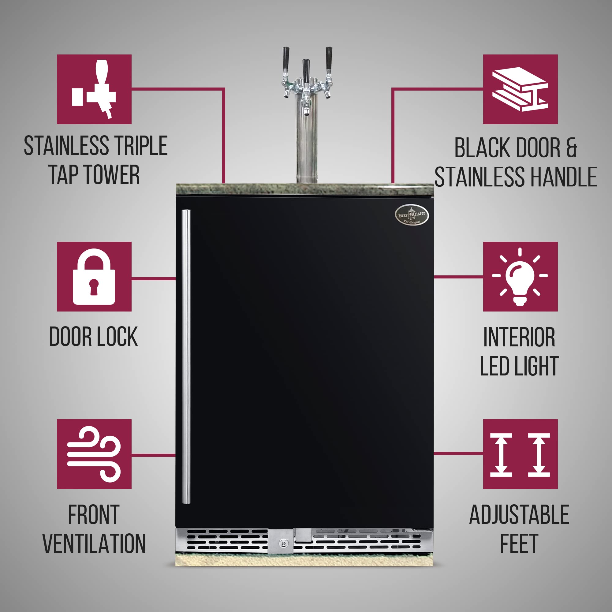 Beer Meister - Beer Kegerator, Draft Beer Dispenser For Home Bar, Beer, Wine, & Bar Soda Dispenser System, Triple Tower W/Black Stainless Door, Built-In Premium Series, 24.88 X 23.88 X 34.38 Inches on Fridge.com - View 5