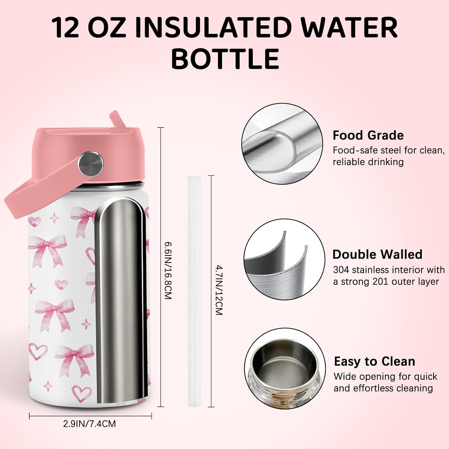 Bow Water Bottle for Son & Daughter, Stainless Steel Insulated Tumbler with straw lid and handle, 12oz Reusable Leak-proof Bottle for Sports - Image 3