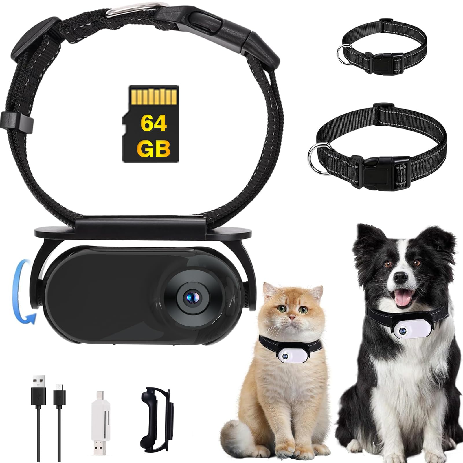 Collier caméra vidéo pour chat 64 Go HD 1080p rotation 360° Noir
