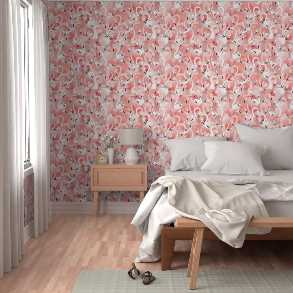 Spoonflower Removable Wallpaper 3ft x 2ft - Flamingos Pink Birds Animals Taupe Tropical Custom Pre-Pasted Wallpaper