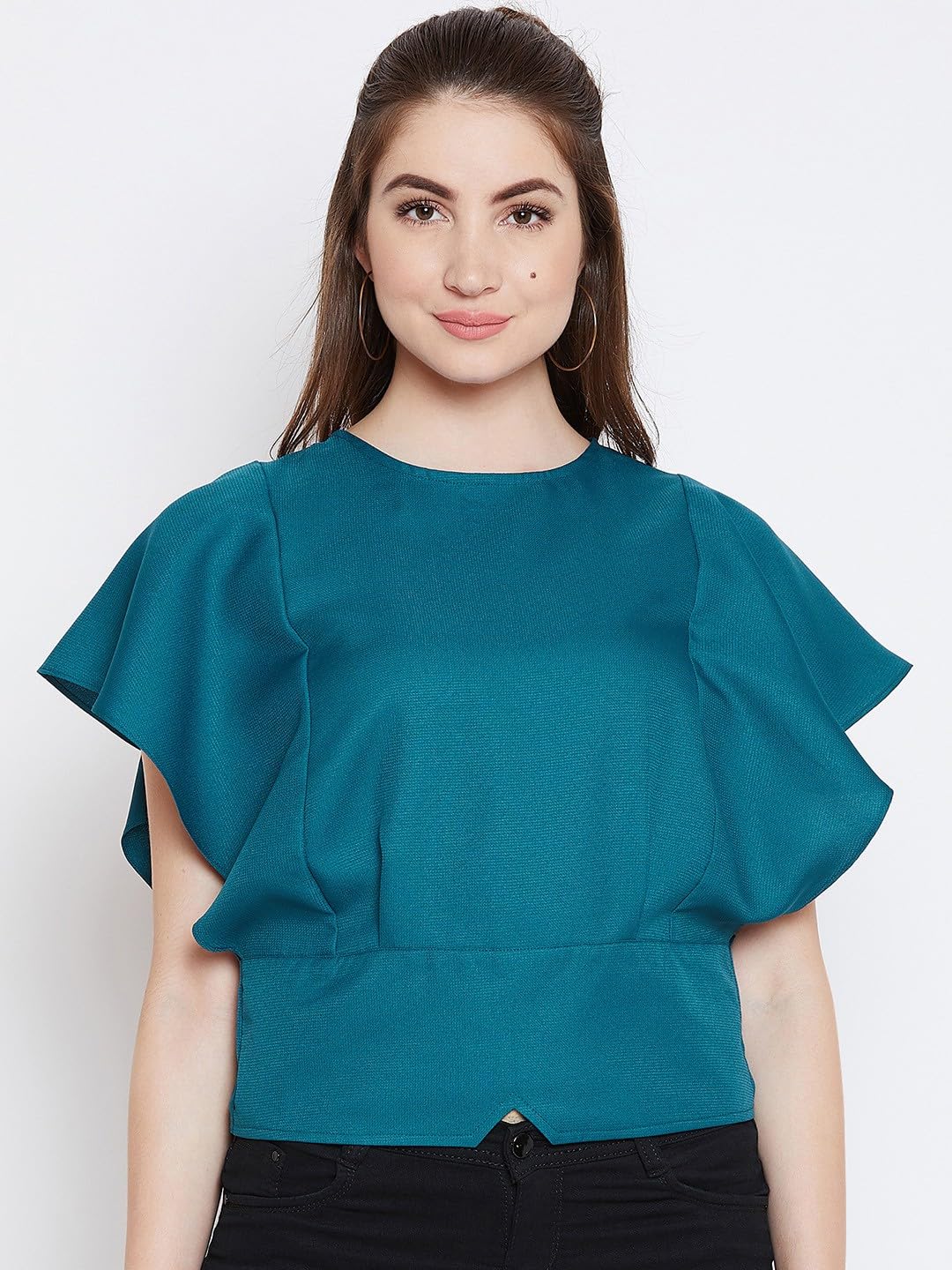 Party Kaftan Sleeve Solid Women Blue Top-image-1