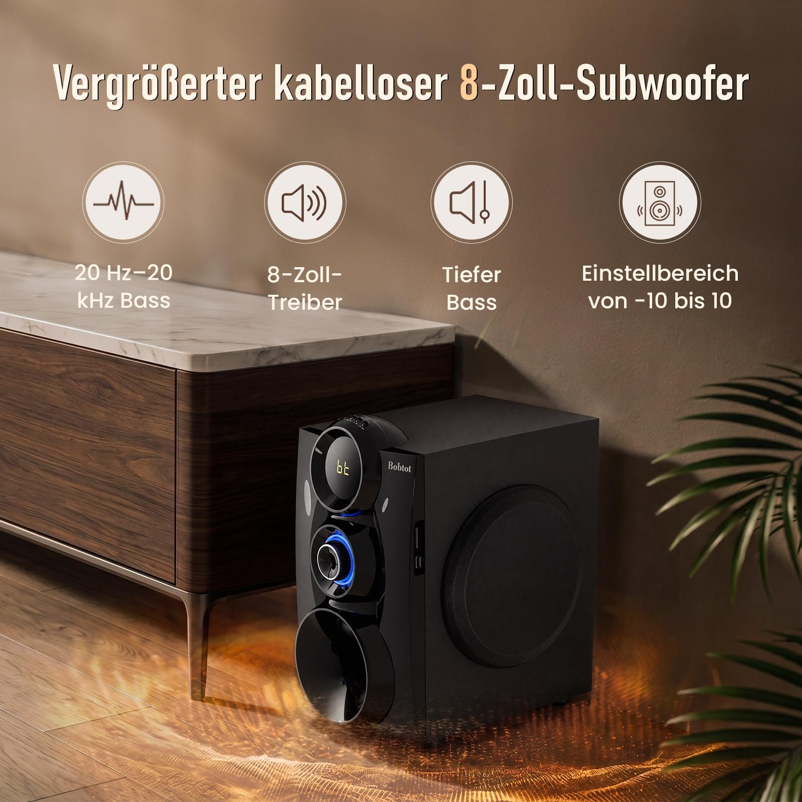 Bobtot Kabelloses Surround Sound System für Heimkino, 1000 W Surround-Lautsprecher, 8-Zoll-Subwoofer, 5.1/2.1-Kanal-System mit tiefen Bässen US-auf-EU-Steckeradapter im Lieferumfang enthalten