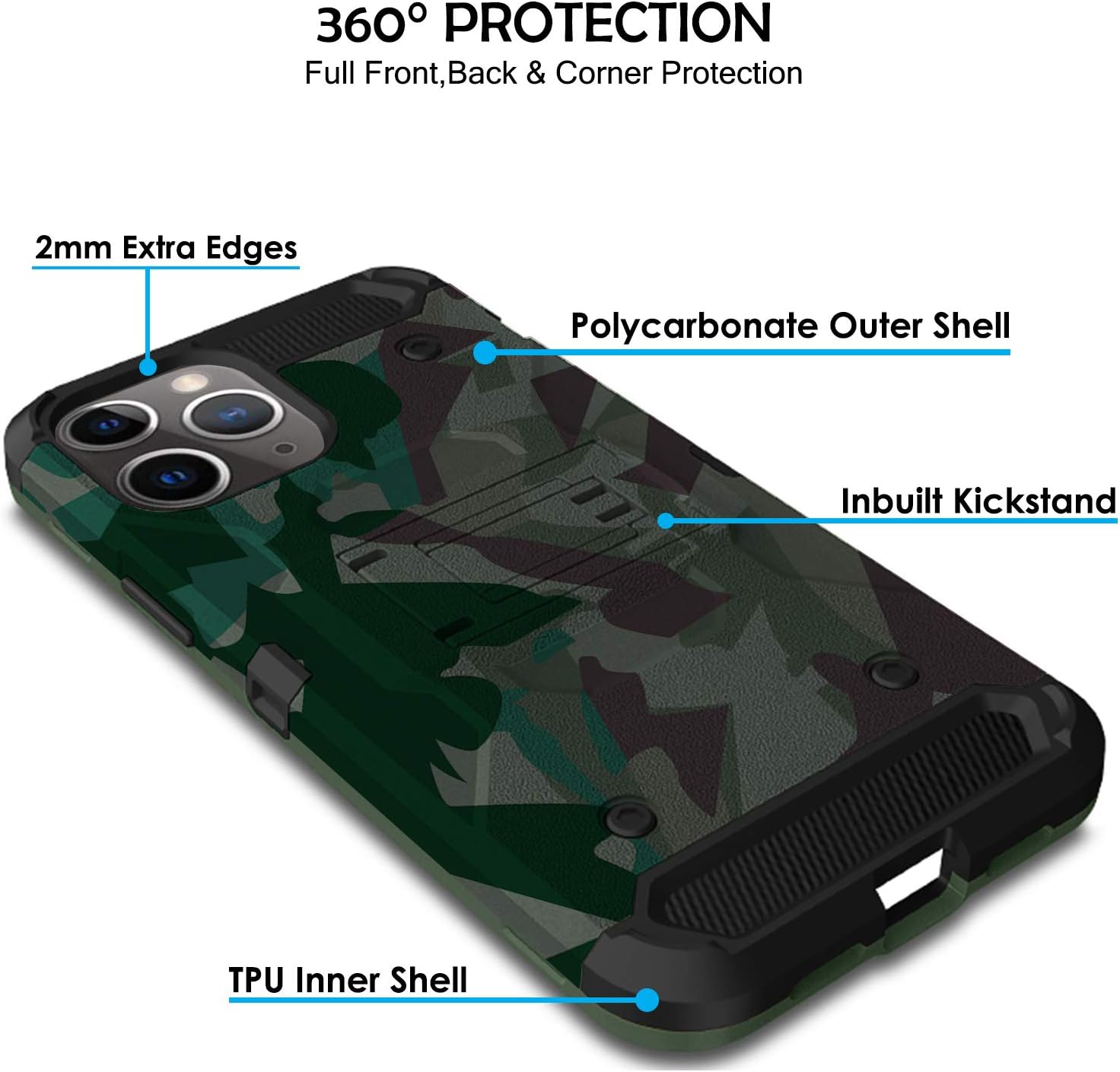DuraSafe Cases for iPhone 11 PRO 5.8" 2019 A2160 A2217 A2215 Military Printed Rugged Heavy Duty Case with Kickstand - Military Green(Without Holster)