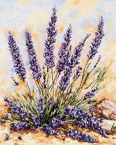 AxiangziK DIY Stickerei Set Erwachsene Anfänger Kinder,Lila Lavendelblüten,stickbilder cross stitch set,Kreuzstich Stickpackungen,16x20inch