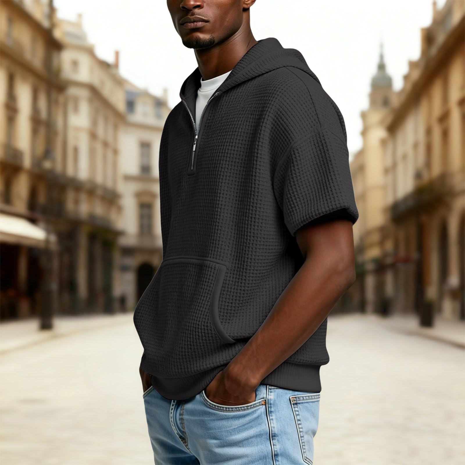 Camisa Sin Mangas Hombre Sudadera con Capucha para Hombre, De Punto Cremallera Un Y Manga Larga Bolsillo (Black, XL) Camiseta Ropa Verano Moda Gym Proteccion UV Impermeable Chaqueta