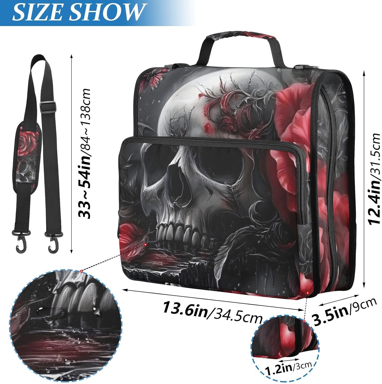 Zipper Binder Skull Rose Gothic - 1.5” D-Rings, Shoulder Strap, 500 Sheet Capacity, Multiple Pockets & Storage Organizer, Compatible with 13” Laptop Tablet