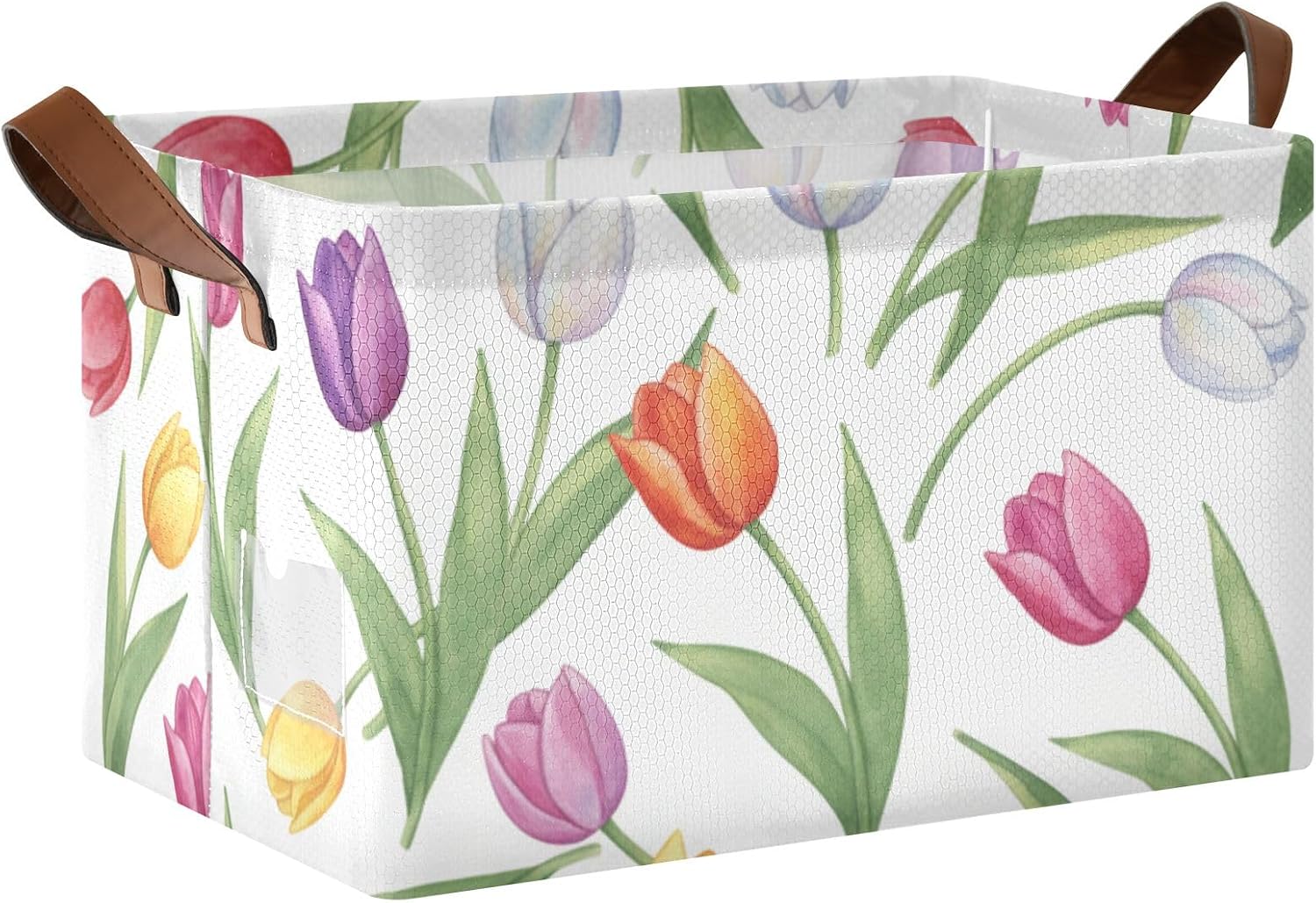 Tulip Flowers and Leaves Rectangular Storage Bin Collapsible storage Basket with Handles Laundry Basket for Organizing Home Kitchen Office Bedroom Toy Bin Closet Shelf Baskets 2PCS