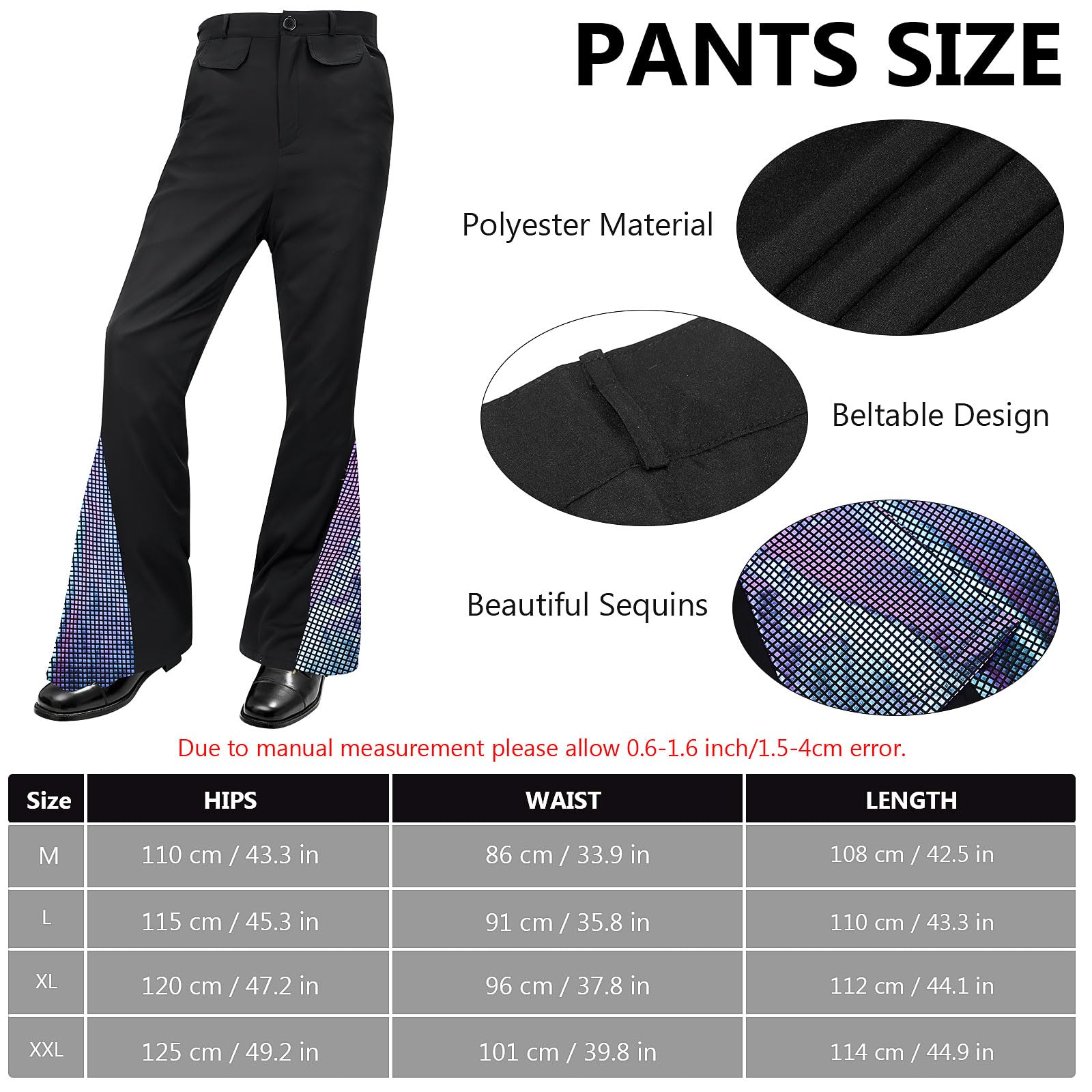 Malloom 70s Disco Outfit for Men 60s Costume with Retro Shirt Bell Bottom Pants Wig Necklace Sunglasses Mustache (M) - Image 4