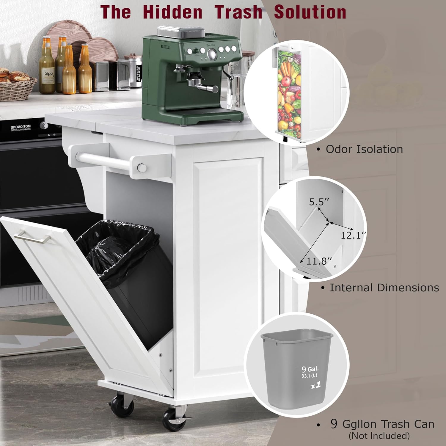 50.7" White Kitchen Island with Storage Tilt Trash Can Cabinet and Pull Out Cabinet Organizer, Rolling Kitchen Island on 5 Wheels with Drop Leaf, 2 Drawers, 1Door for Kitchen, Dining Room (White)