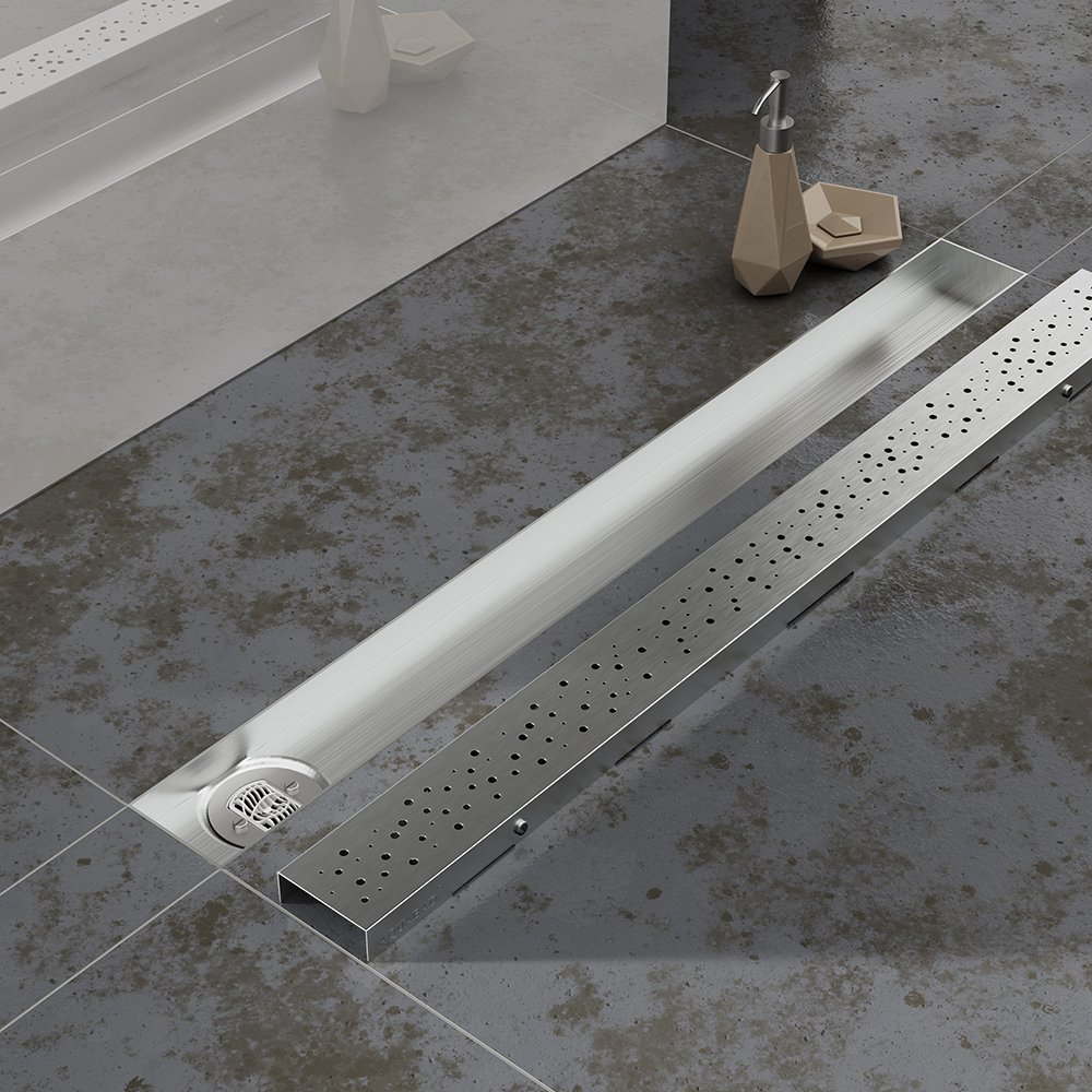 Aquabad SDS Pro odpływ liniowy ze stali nierdzewnej z syfonem | Rozmiar: 90 cm | Odprowadzenie wody: pionowo w dół | Umiejscowienie syfonu: na boku odpływu | Wzór: kółka | Made in Germany