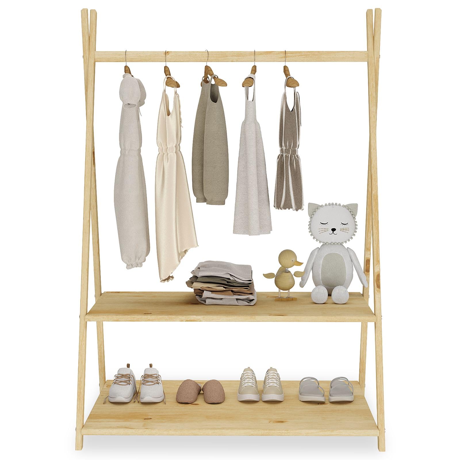 IDIMEX Penderie Enfant Danilo avec Tringle à vêtements et Deux étagères, Design tipi, en Bois Massif, 83 x 115 x 50 cm, Coloris Naturel