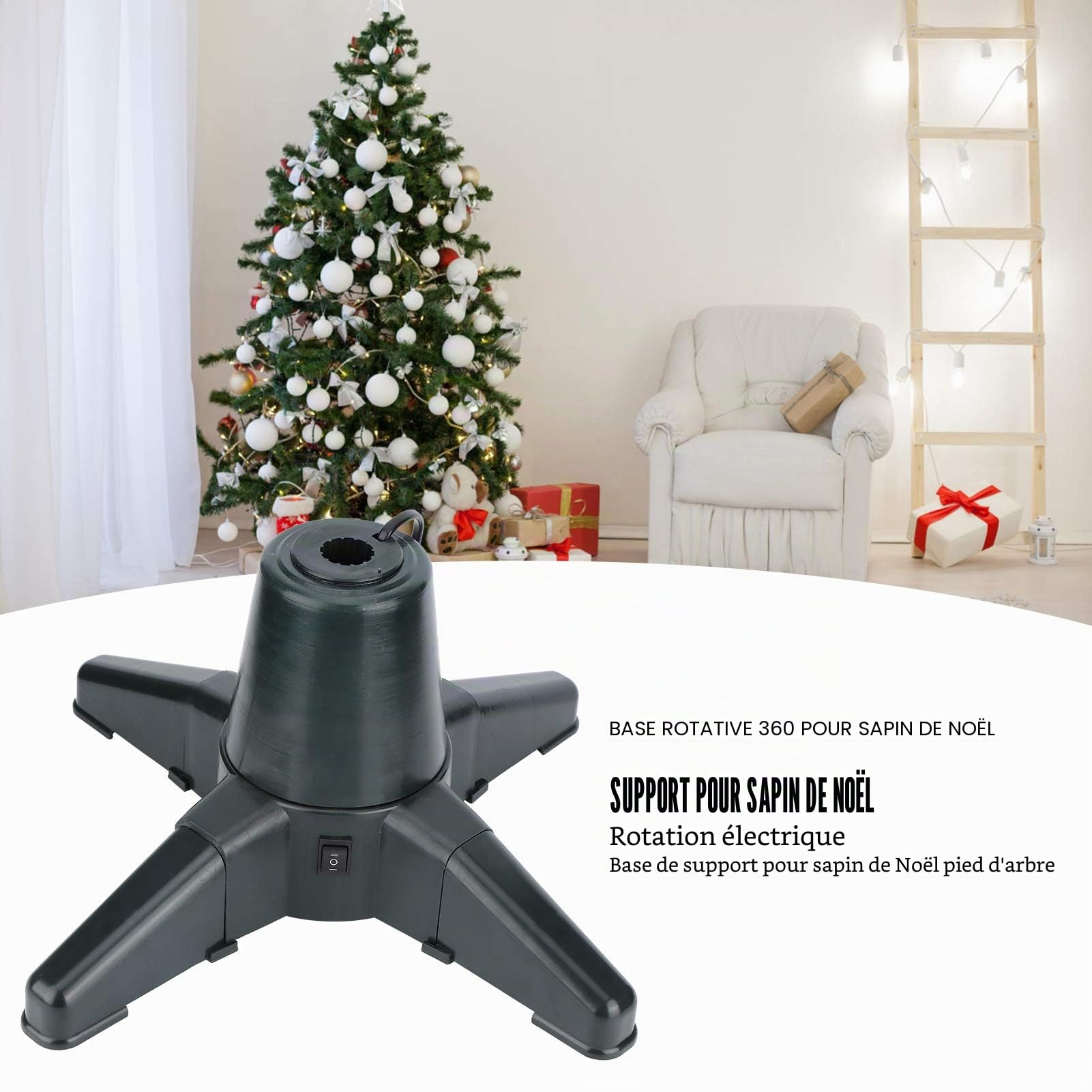 Support d'arbre de Noël Rotatif à 360 Degrés avec Prise en électrique pour la Maison, Rotation Lumineuse, 3 Réglages, Rotation à 360 Degrés, (Bol en Plastique)