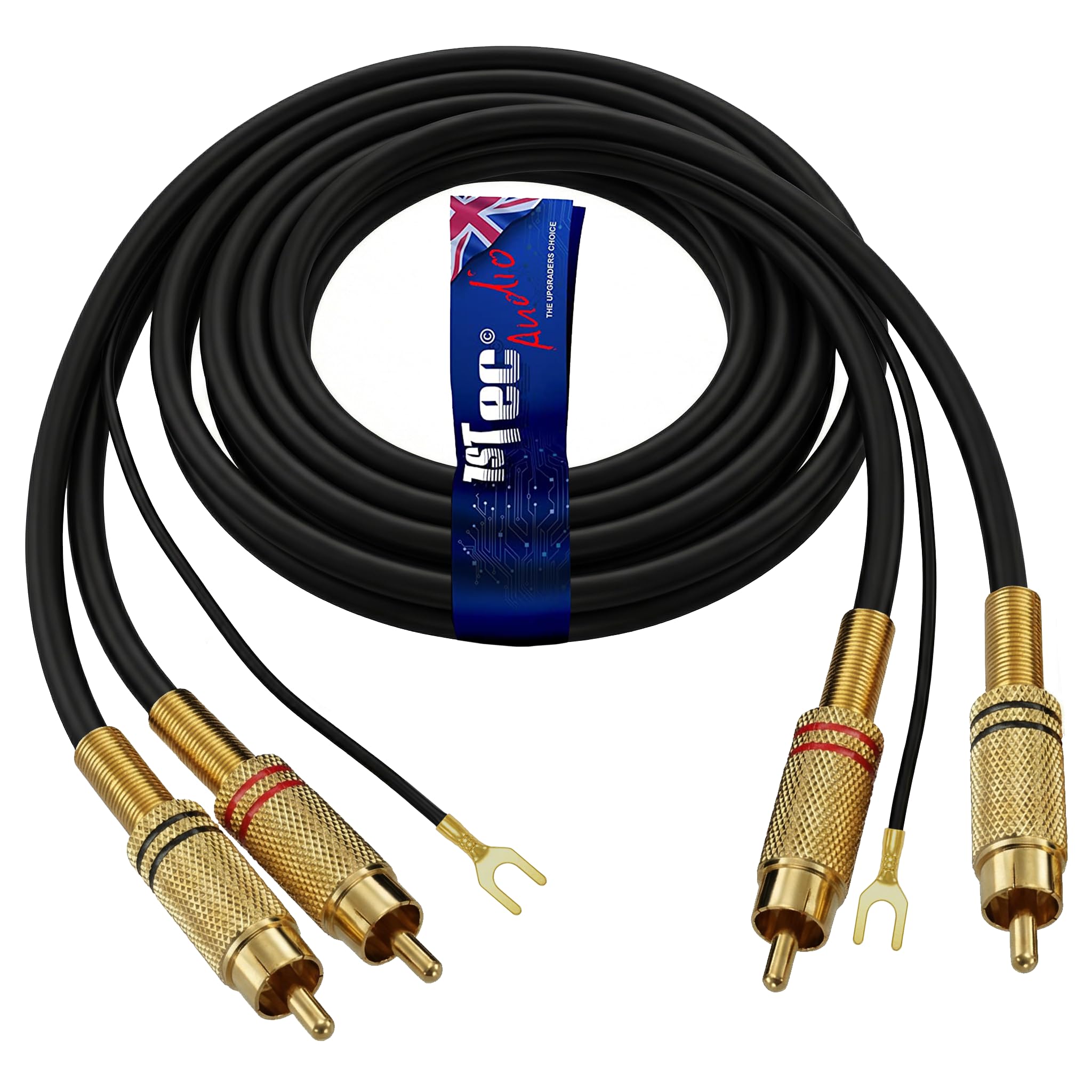 cavi audio stereo da 2 x RCA con prese fono in plastica rossa e bianca, con filo di messa a terra per eliminare ronzii e brusii da giradischi, amplificatore stereo per auto e altoparlanti HiFi