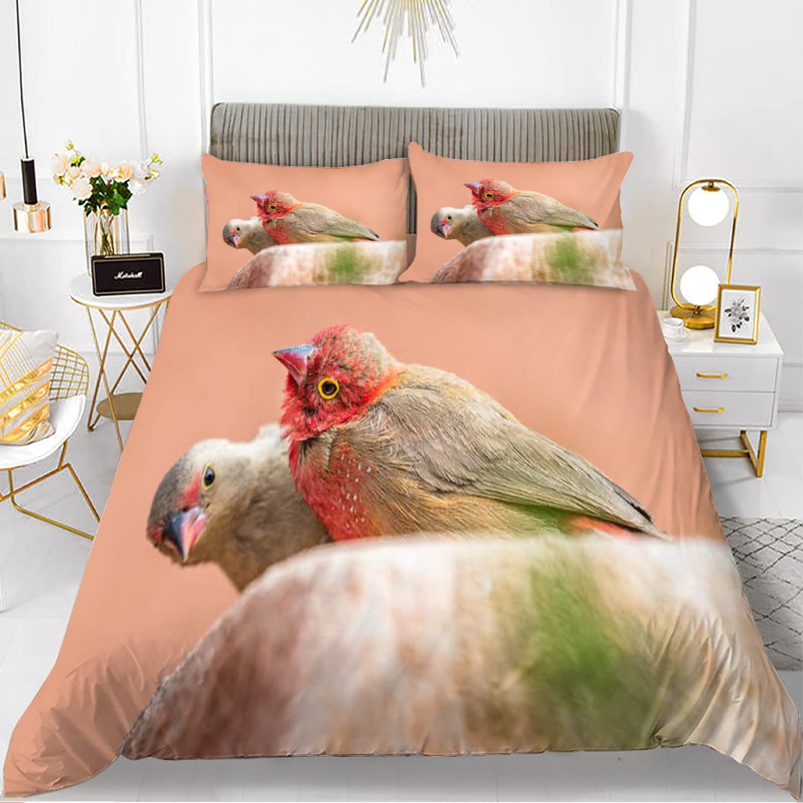 Housse de couette 220x240 oiseau rose parure de lit microfibre 110g pour couchage adulte