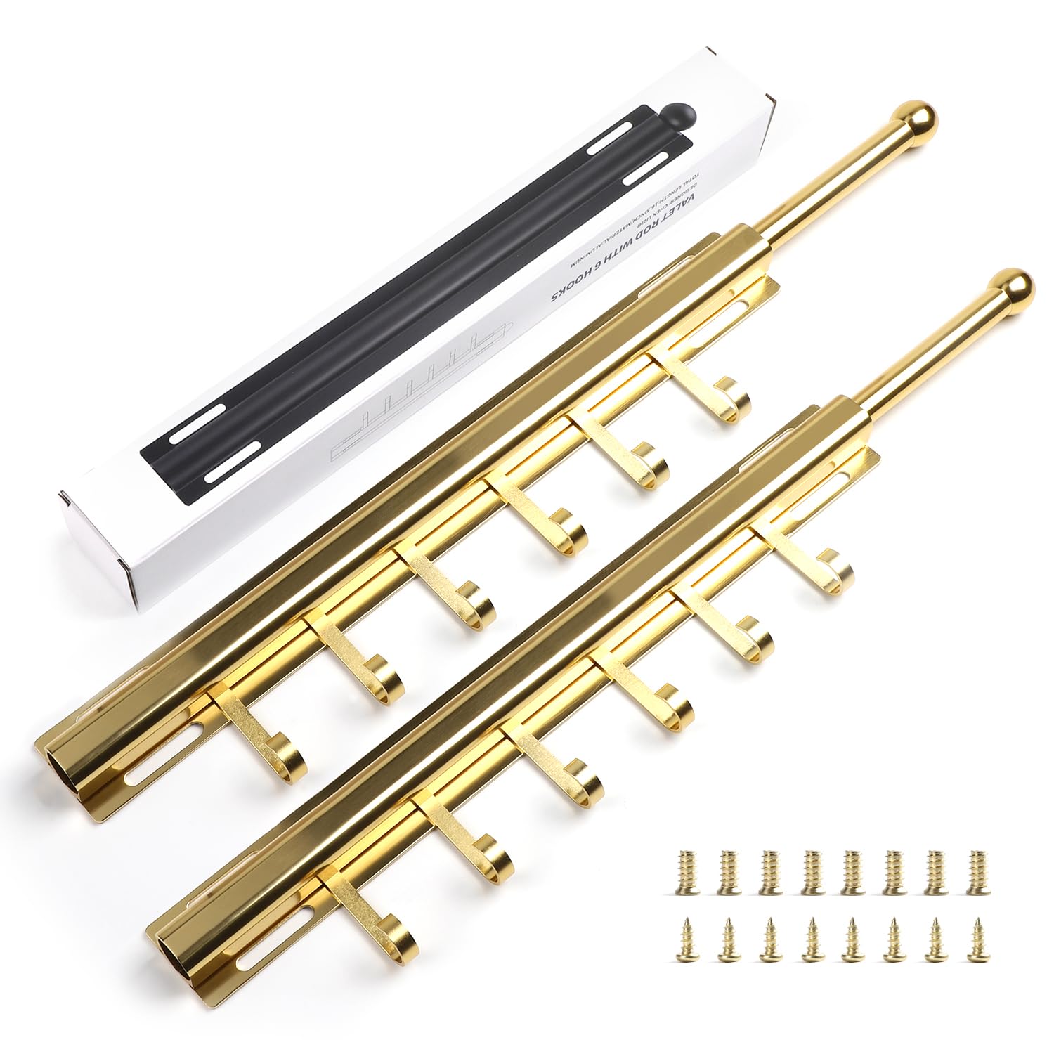 BaiNong Valet Rod for Closets Pull Out 16.5" Gold with 6 Hooks (2Pack)