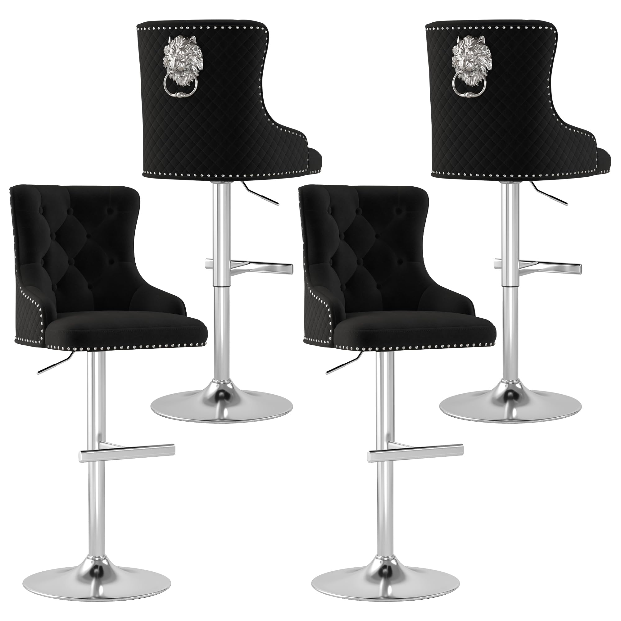 ABET Bar Stools Set of 4, Counter Height Stools with Footrest, Velvet Adjustable Swivel Kitchen Island Chair with Upholstered Tufted High-Back, Lion