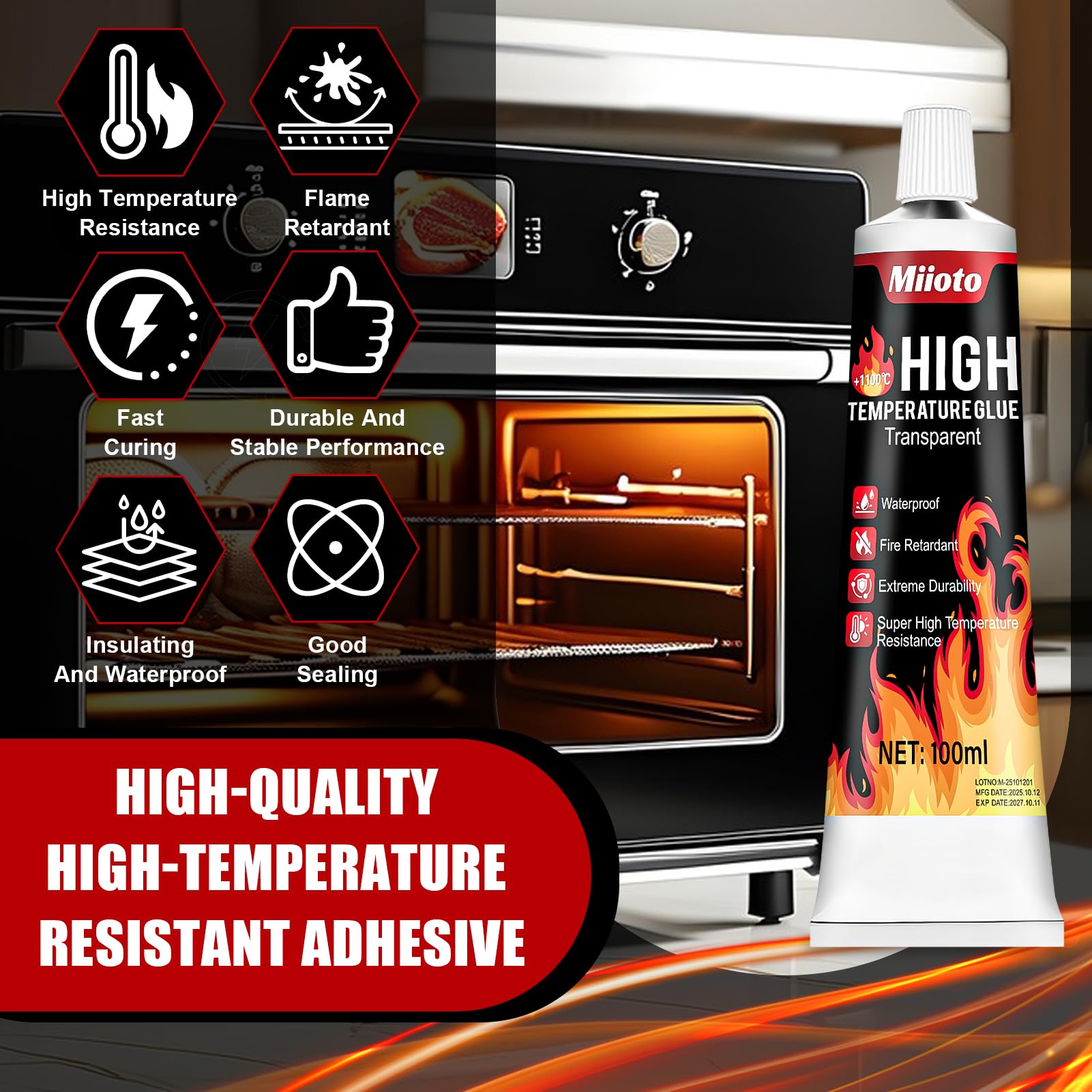 Miioto Silicone Alte Temperature, Colla Alte Temperature, Silicone Alta Temperatura, Indurimento Rapido, Adesivo Resistente al Calore per Caminetti, Stufe, Scudi Termici, 100 ml