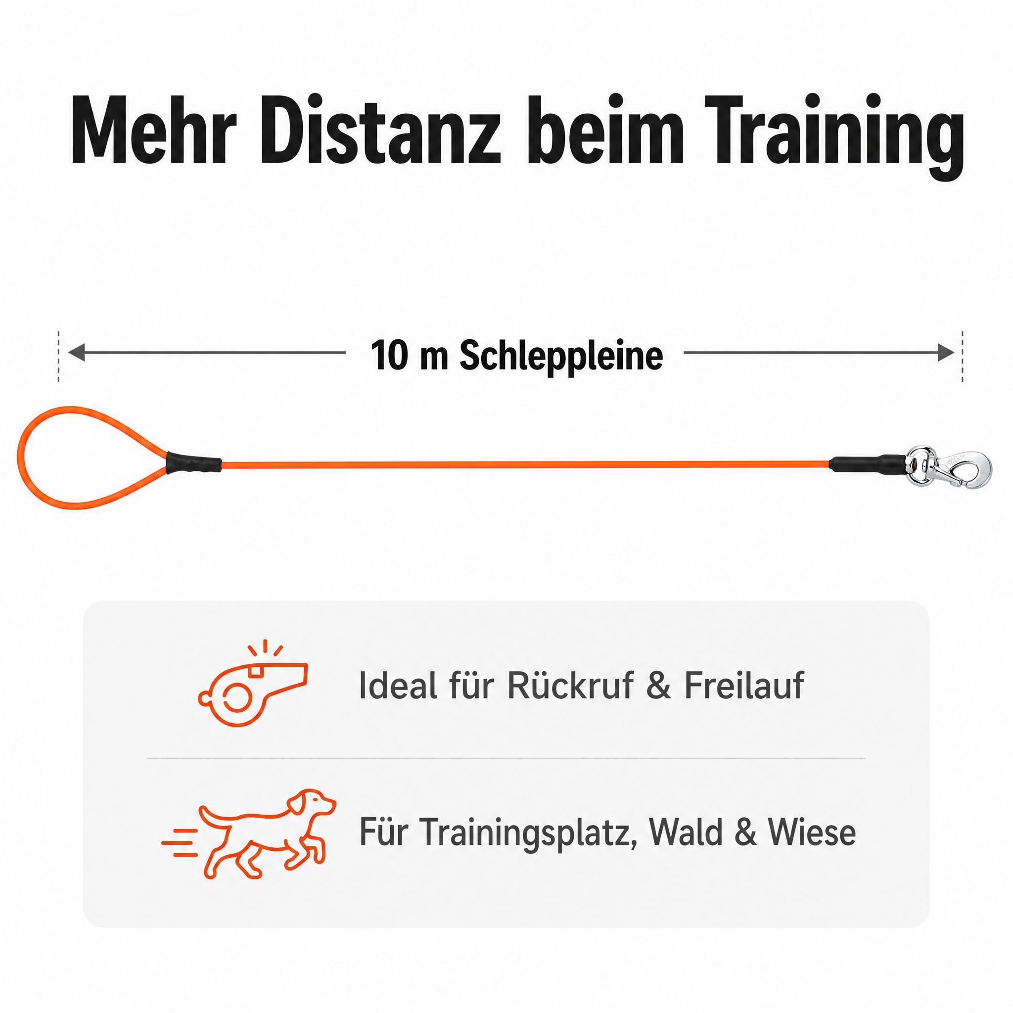 Schleppleine 10 m für Hunde, PVC-ummantelte Trainingsleine mit Handschlaufe, Neonorange, rutschfest & wasserfest, 240 kg Zugkraft (Herstellerangabe), robuster Metall-Karabiner für Rückruftraining