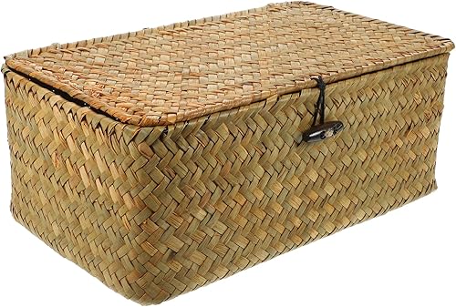 Vosarea Cesta de almacenamiento de ratán organizador de maquillaje contenedor multiusos con tapa (M)