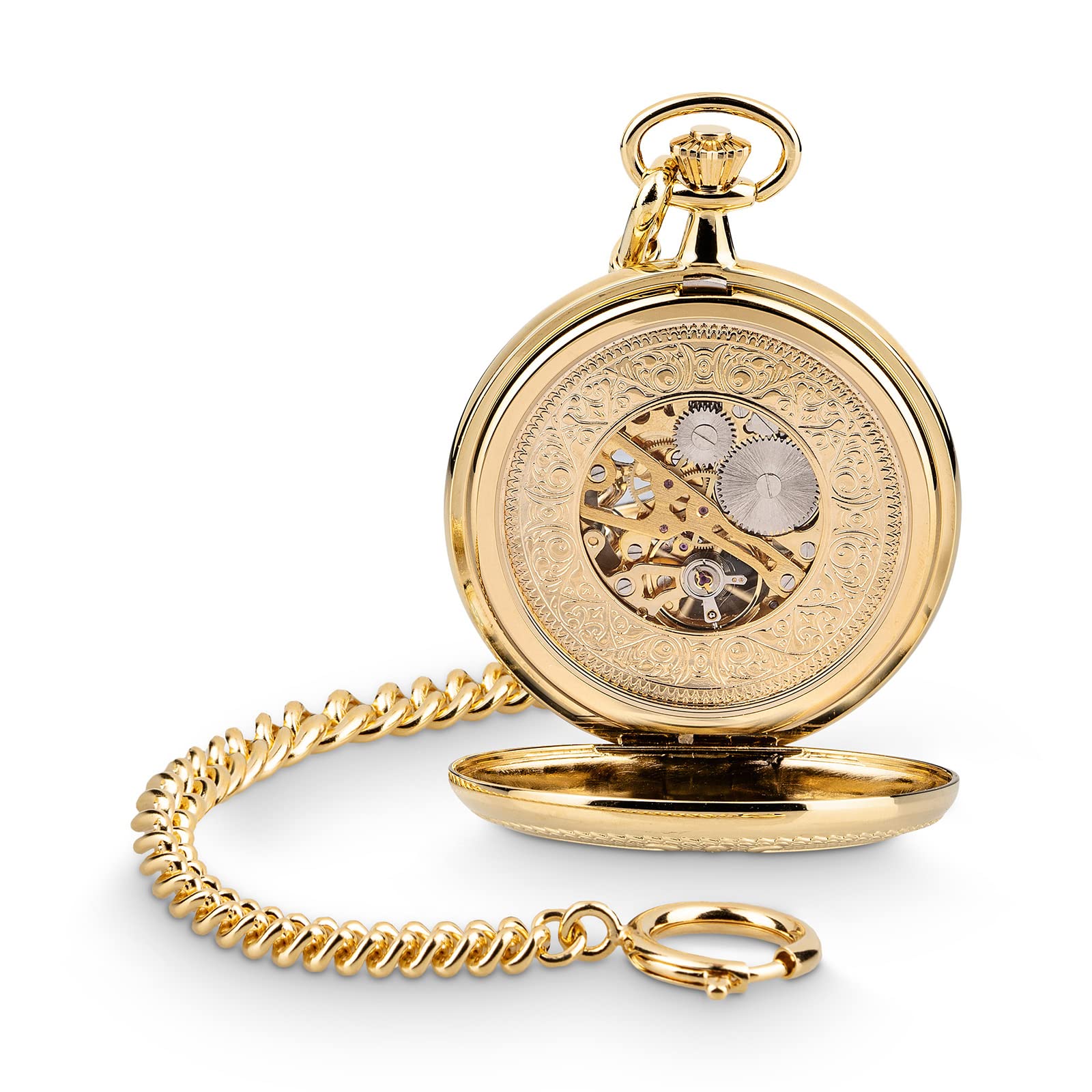 Hermann Jäckle Herren Taschenuhr Wien Vergoldet Skelett 50 mm | Made in Germany, vergoldetes Gehäuse, Handaufzugswerk, römische Ziffern, inklusive Kette und Reiseetui.