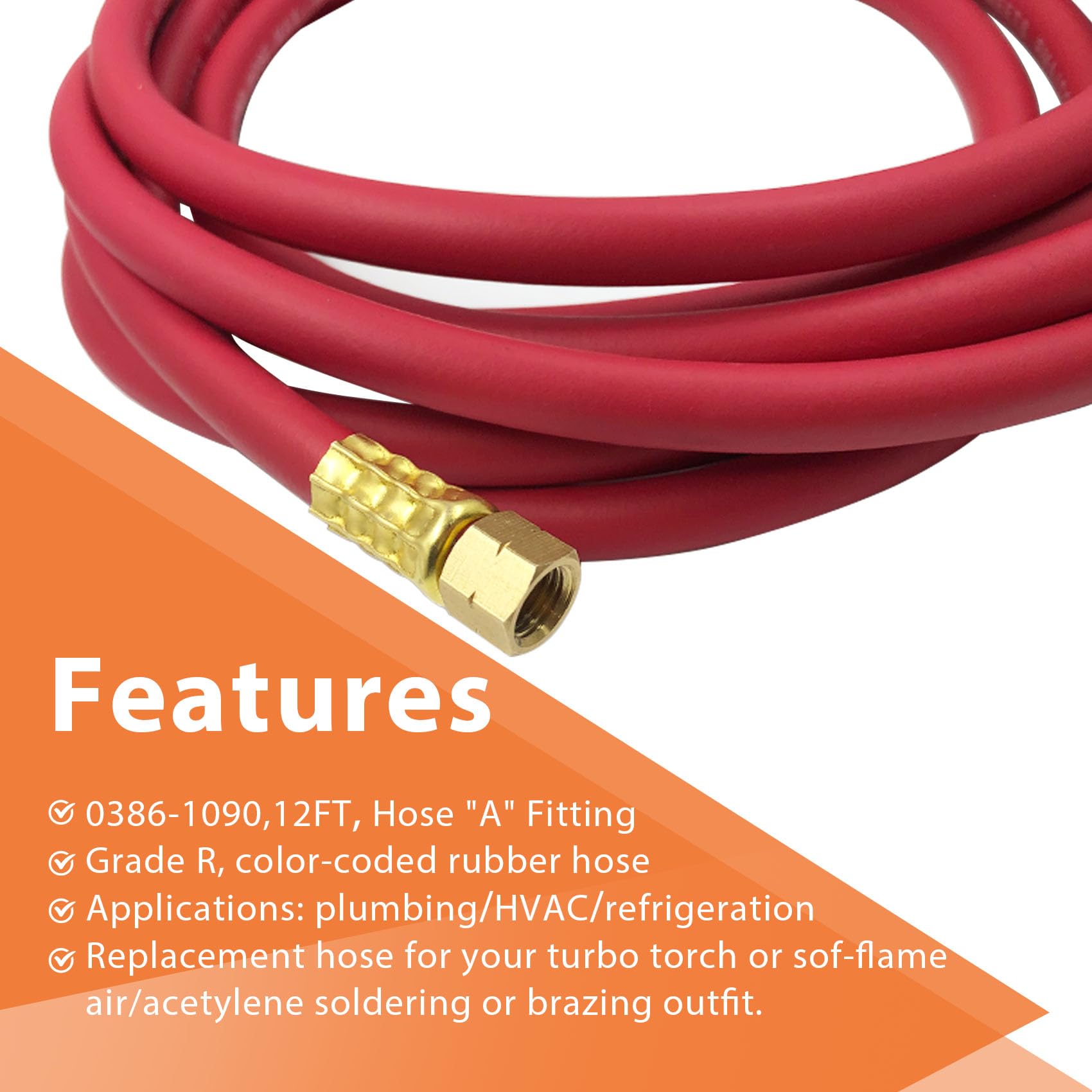 0386-1090 AH-12 - Manguera de aire acetileno, 12 pies, accesorio A", manguera de soldadura de repuesto compatible con reguladores Turbo Torch AR-B/AR-MC, asas G4/PLF-A, tanques B/MC.
