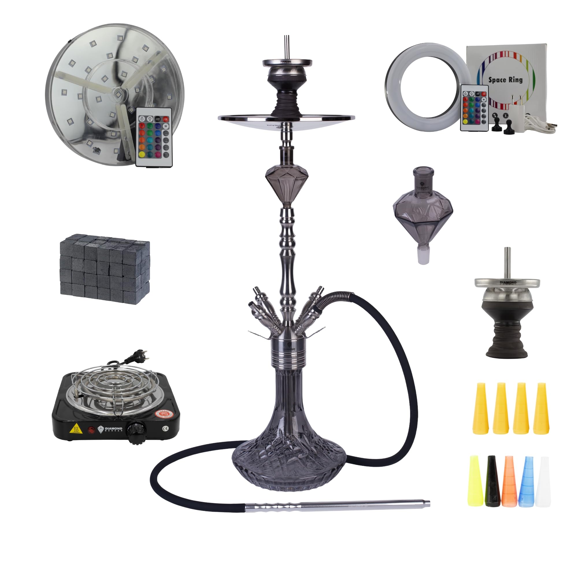 Diamond Hookah® Premium Centenary Shisha Set, Wasserpfeife Shisha Edelstahl im Komplettset, Kohlenanzünder 1000 Watt, 1Kg Kohle, Molassefänger, Mundstücke, Space Ring, Led (Centenary 12.0 BLK)