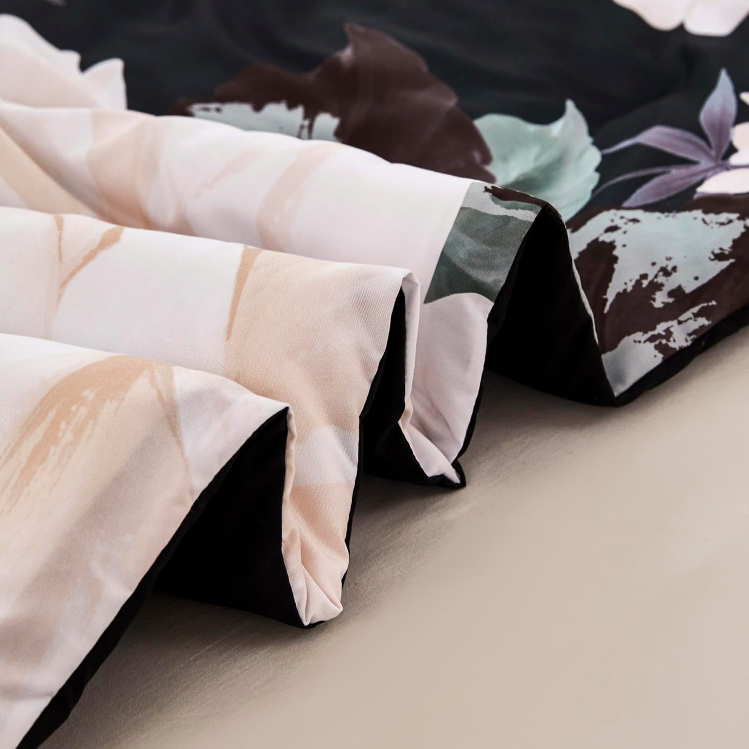 RYNGHIPY Cream Flowers Printed Comforter Set Queen Size Lightweight Soft Microfiber Bedding Set 1 Comforter 2 Pillocases (Black Beige,Queen Size) - Image 8