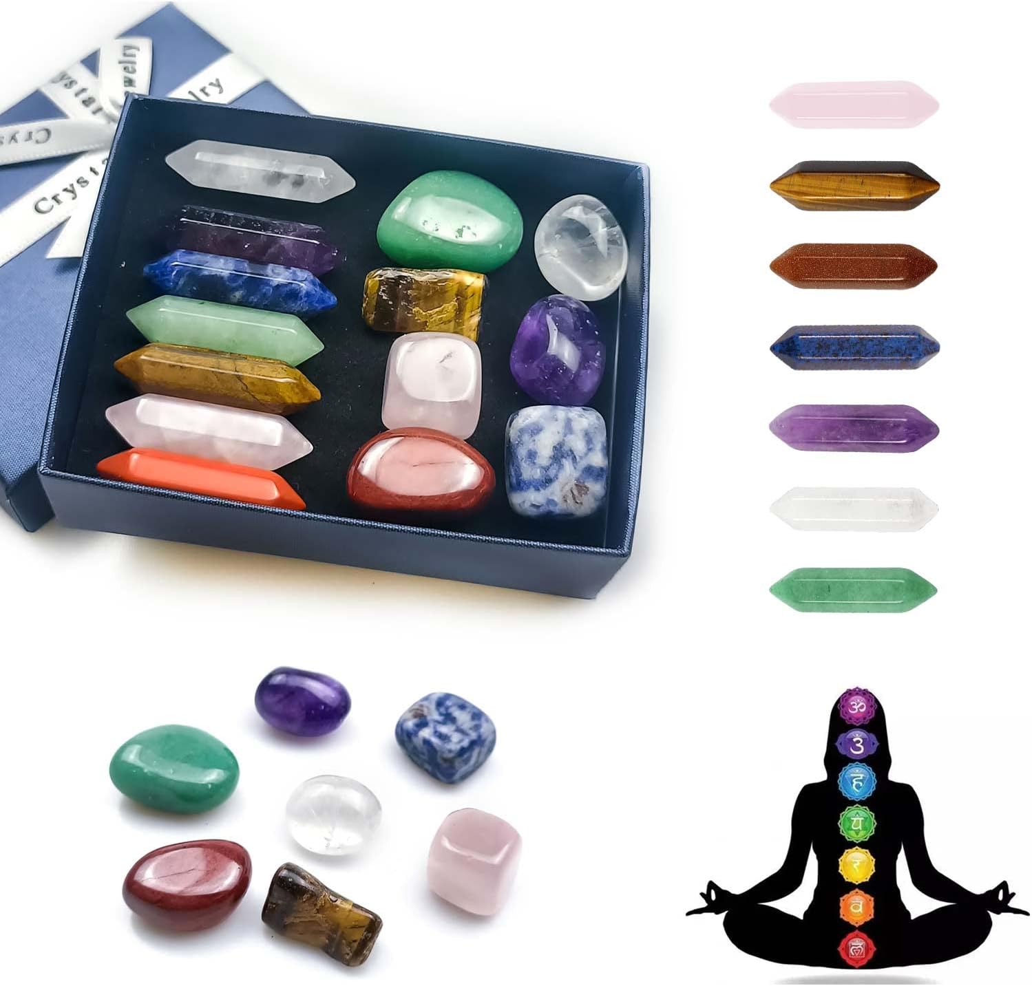 Natural Reiki Gemstone Wand Set in Box, Natural Reiki Gemstone Wand Set for Meditation Crystal Therapy Anxiety Relief Balancing Yoga Crystals and Gemstones for Beginner(14pcs)