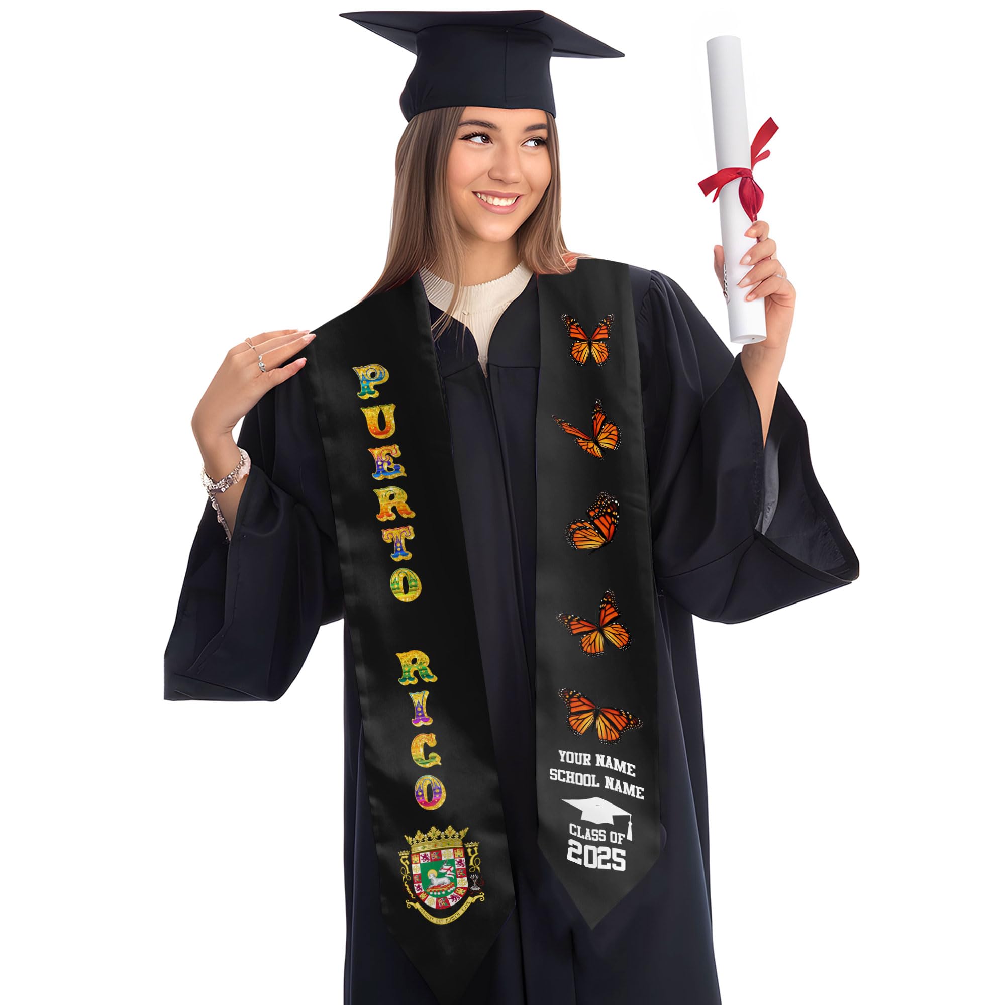 MonkeyVan Custom Puerto Rican Graduation Stole, Puerto Rico Graduation Sash, Puerto Rico American Flag Grad Sash Class Of 2025 Pr 12