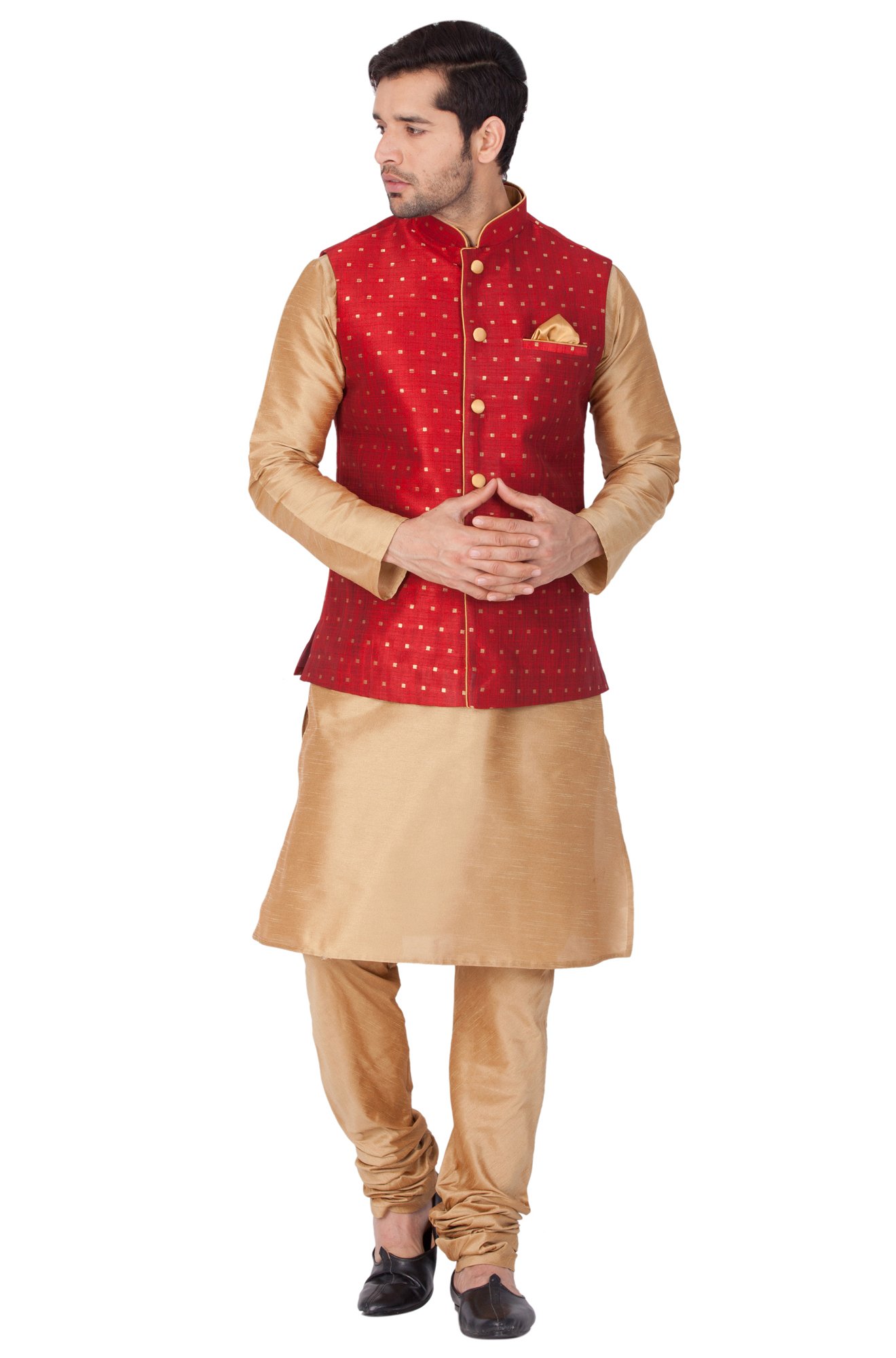 Men's Beige Cotton Silk Blend Kurta, Ethnic Jacket and Pyjama Set-image-17