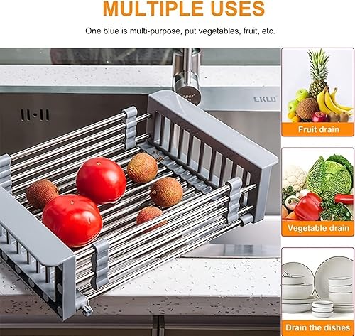 Miniatura 7 de KAMASS 1pc Drain Rack Stainless Steel Kitchen Basket Home Dish Rack Retractable Sink Shelf 8811122-18537in Suitable for Rectangular Sink