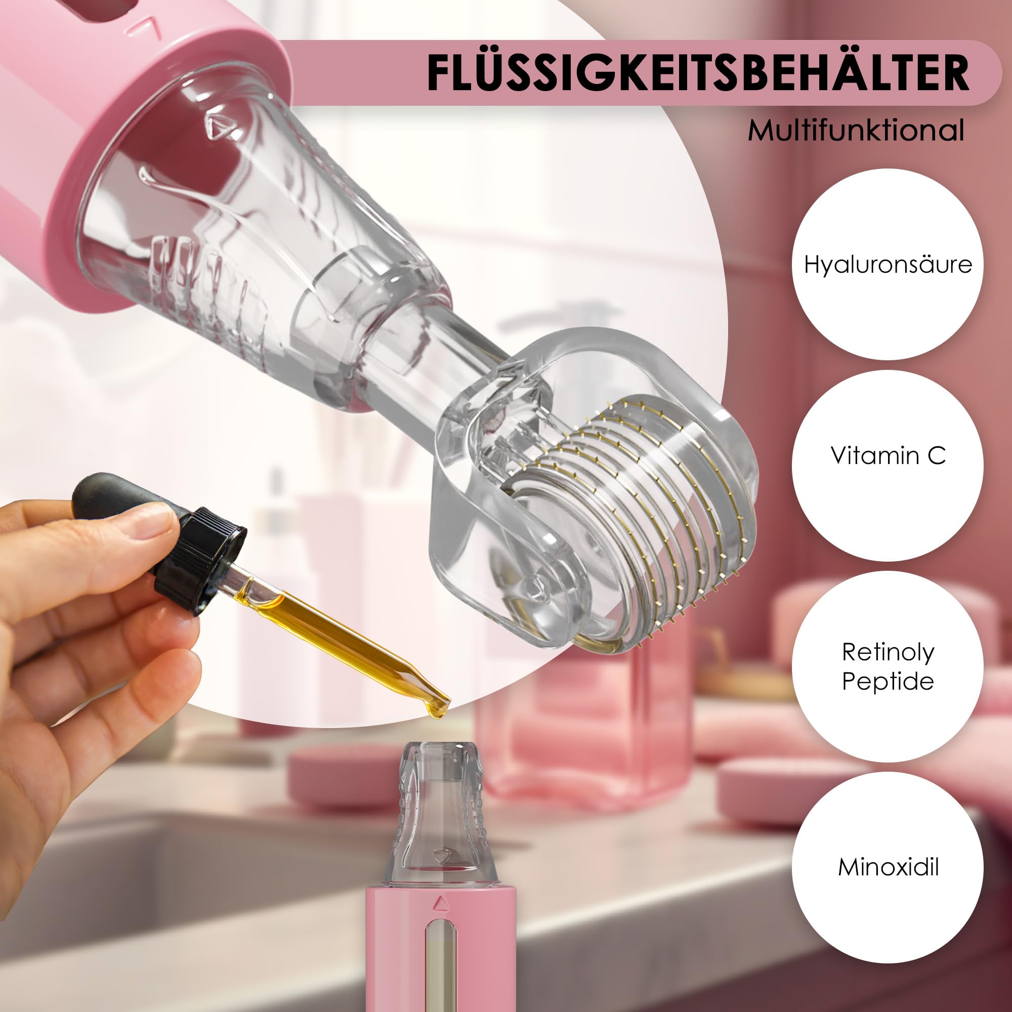 HAMINOS Derma roller 0,25 mm mit Tank für Lippen, Haut, Haare, Falten, Dehnungsstreifen, Hyperpigmentierung SOFORTIGE SERUMANWENDUNG, 105 Titannadeln