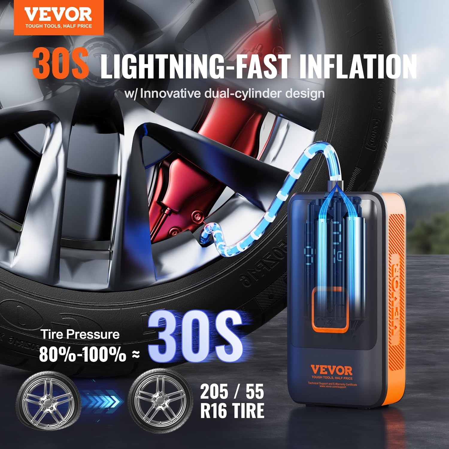 VEVOR Portable Tire Inflator SH03 inflating a car tire rapidly