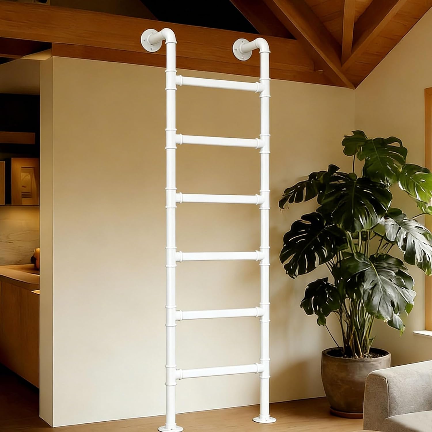 Adjustable Wall-Mounted Attic Ladder 4ft-9ft, Emergency Egress for Basement & Roof Access, Sturdy White Climbing Ladder (230cm/91in) - Ideal for Window Wells & Libraries