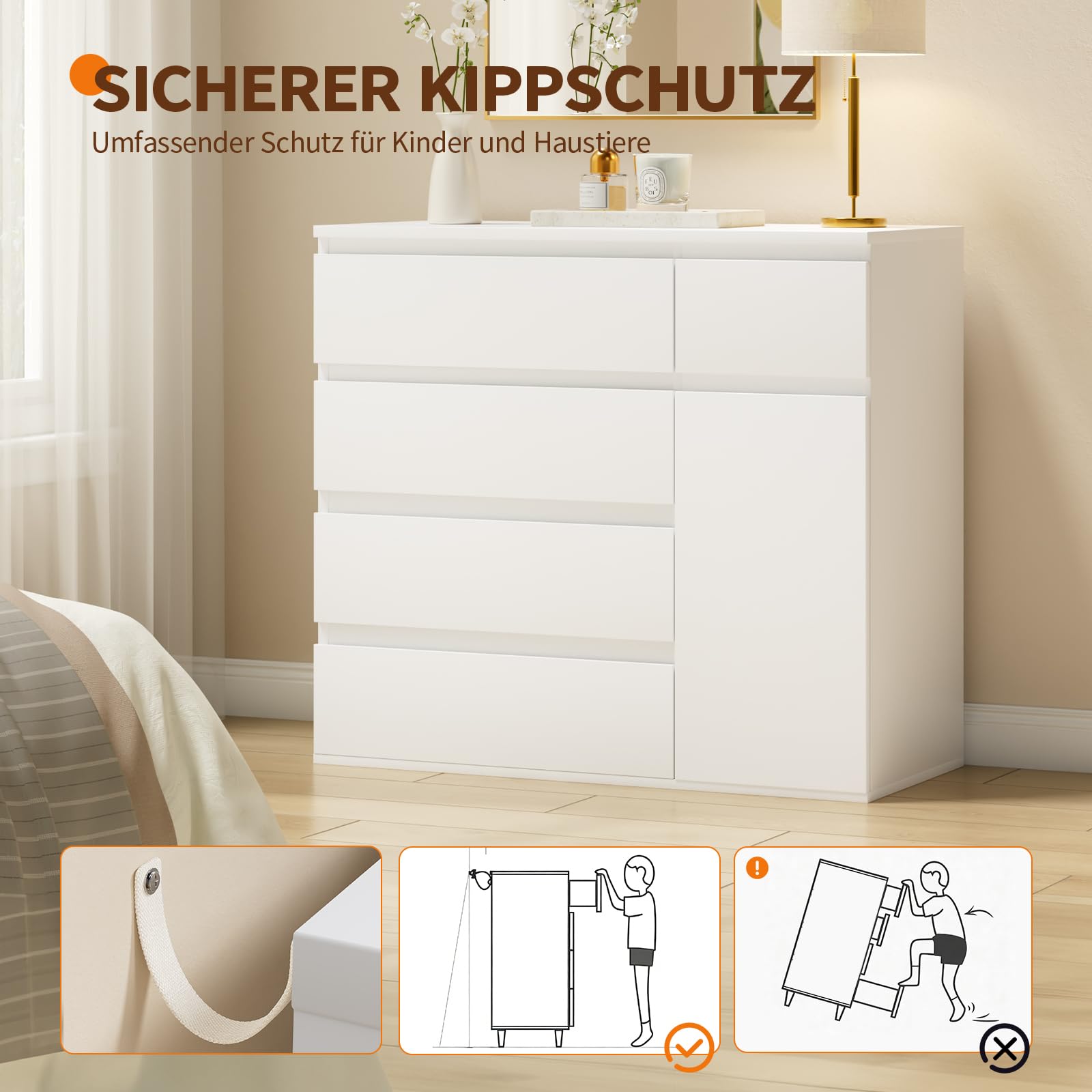 YOUDENOVA Kommode mit 5 Schubladen und 1 Tür, Weiß Holz Kommode für Schlafzimmer Flur Wohnzimmer, Komodenschrank 40cm Tief, Schubladenschrank 90 cm Breit, Modern Möbel, 90 x 40 x 80 cm