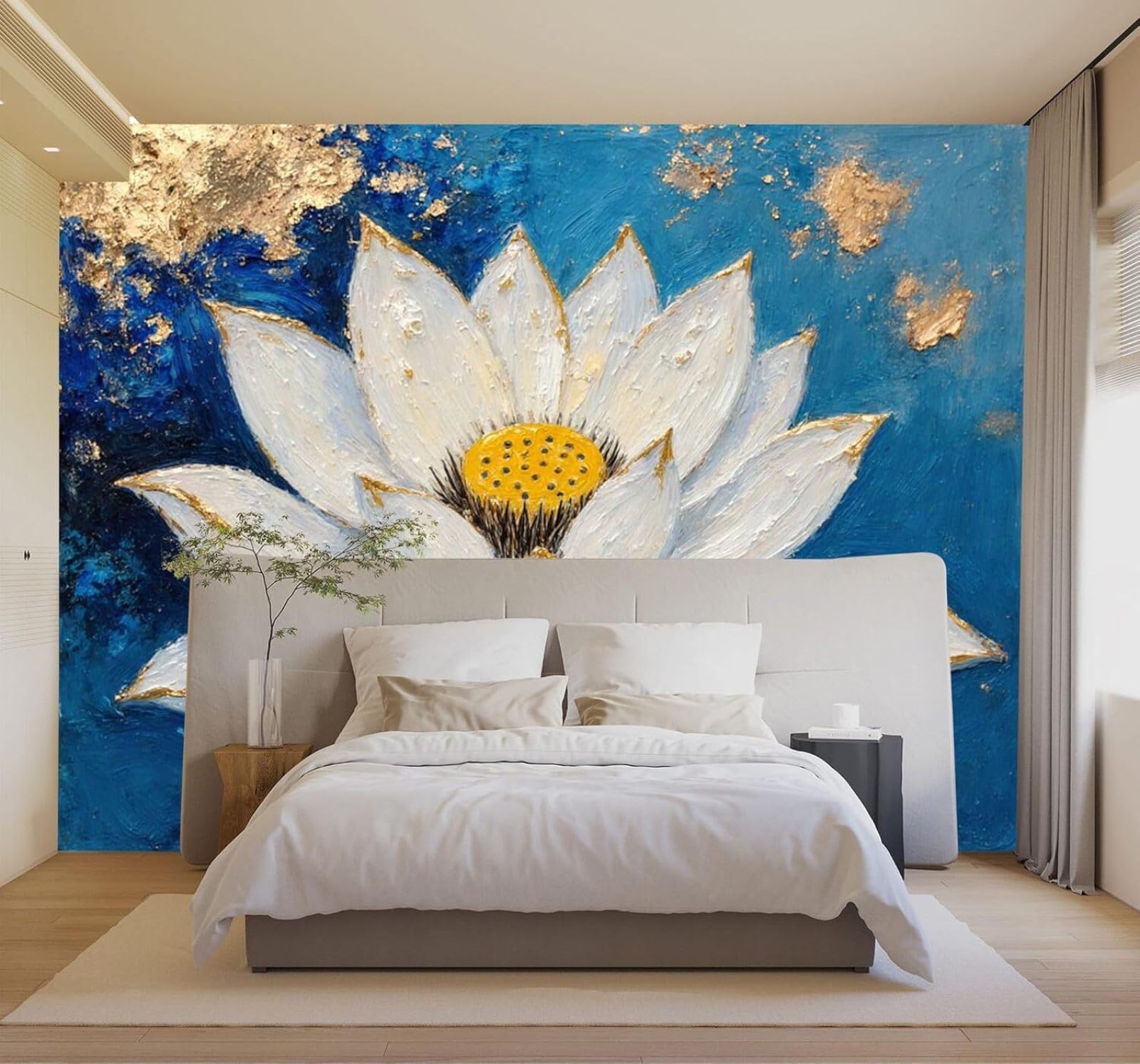 3D Papel Pintado Dibujo A Mano Loto Blanco Detalles Dorados Abstracto Azul