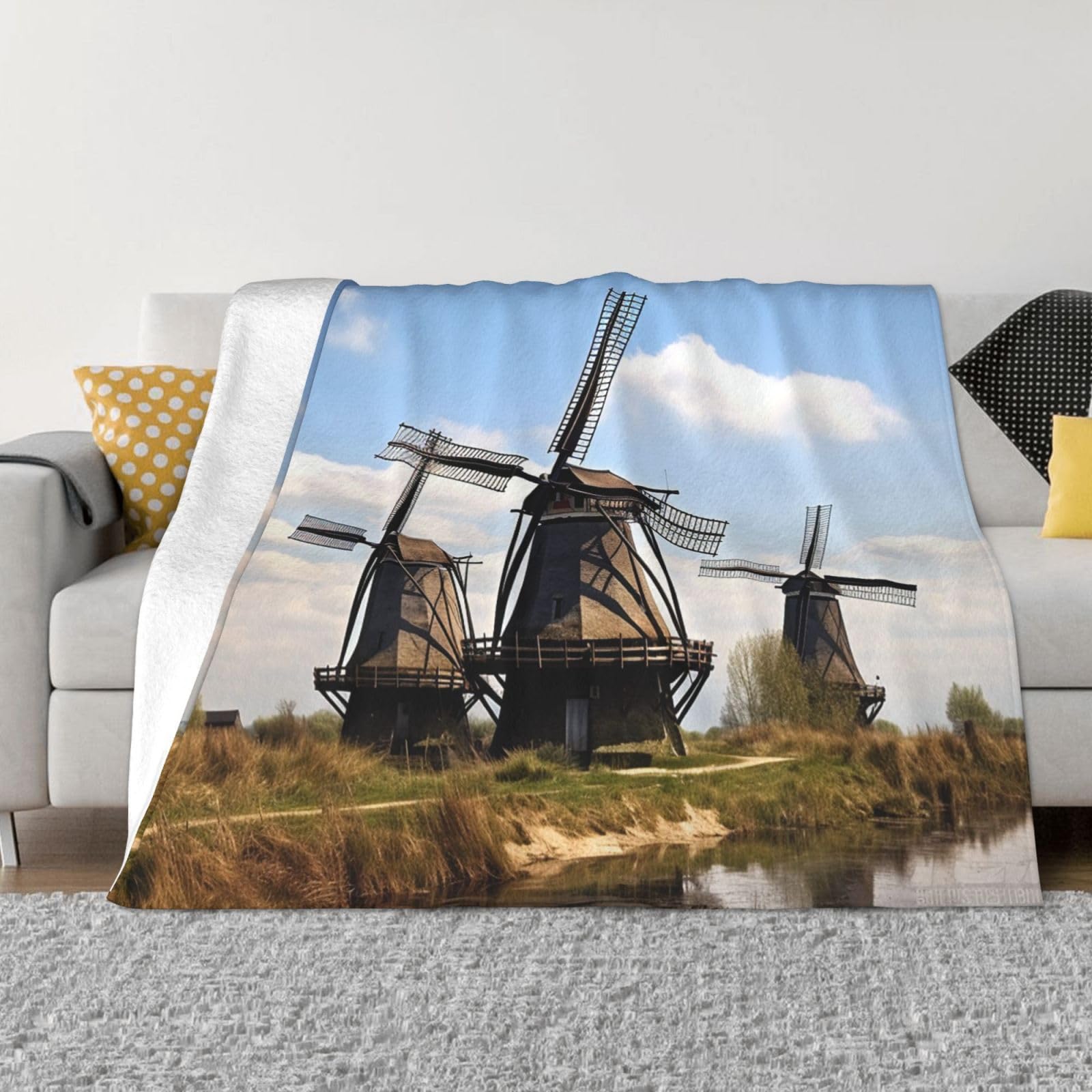 Fodpand Black Windmills Flannel Blanket 50"X40" - Ultra-Soft Lightweight Throw Blanket For Bed, Sofa, And Couch - Luxury Air Conditioning Blankets - Cozy Warm Blankets For All Seasons