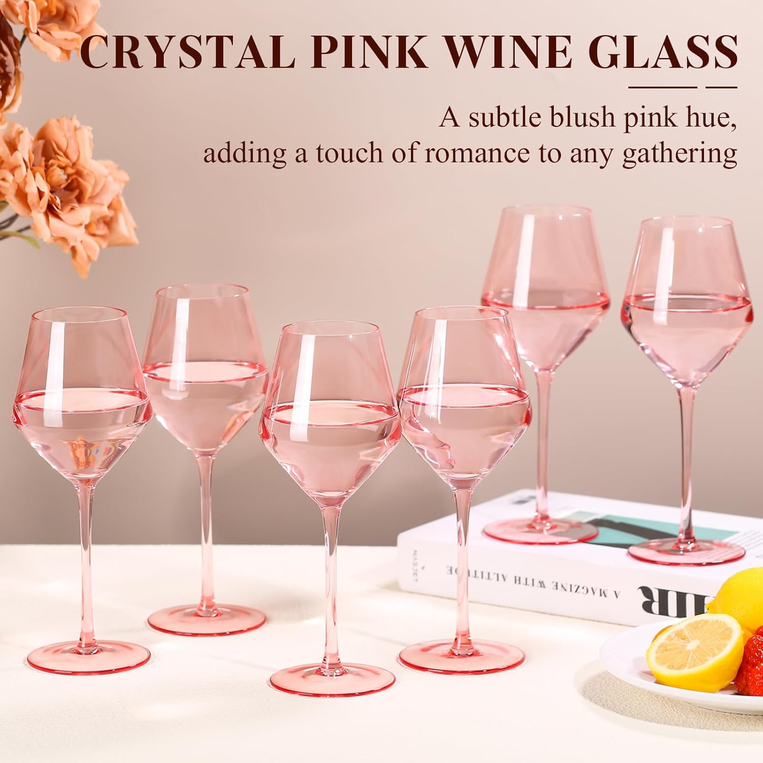 Pink Wine Glasses Set of 6-【Hand Blown】 Crystal Pink Wine Glasses With Tall Long Stem,Universal Size for White and Red Wine-Springtime Pink Wine Stemware for Home Decro 16oz - Image 2