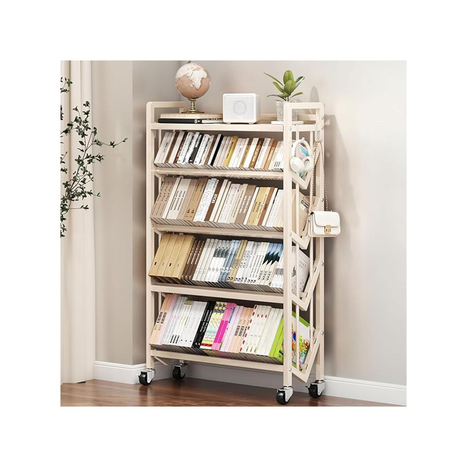 Book Carts with Wheels, Library Rolling Book Cart 2/3/4/5 Tier Movable Bookshelf Mobile Large Capacity L-Shaped Carbon Steel Organizer Rack for Office, Home, Classroom(White,5 Tiers-35.4x9.8x57.7in)