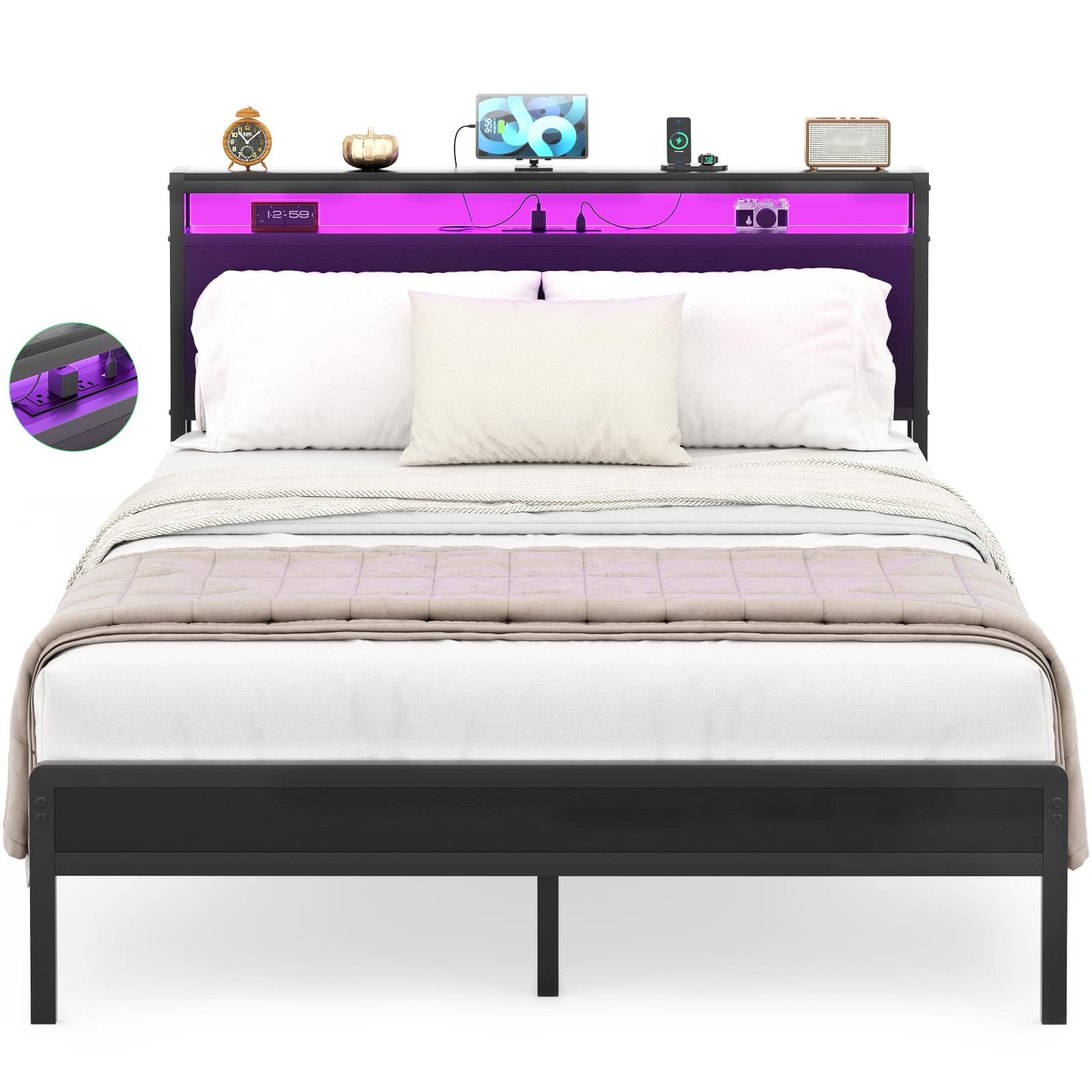 Homieasy Full Size Bed Frame with Headboard, Industrial Metal Full Bed Frame with Charging Station & LED Lights, Noise-Free Platform Bed, No Box