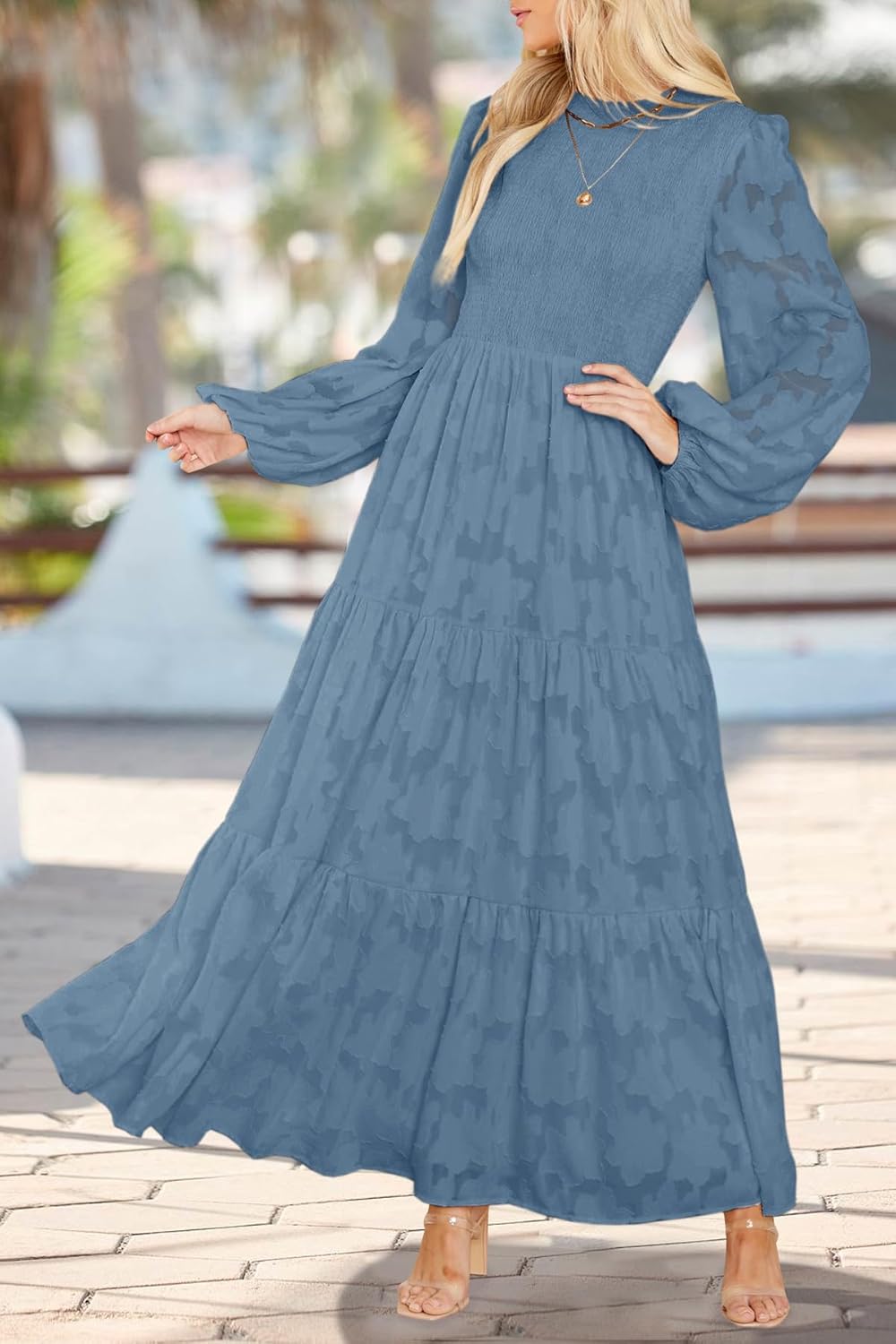 MITILLY Women's Elegant Floral Long Sleeve Round Neck Smocked A-Line Flowy Tiered Maxi Dress with Pockets - Image 2