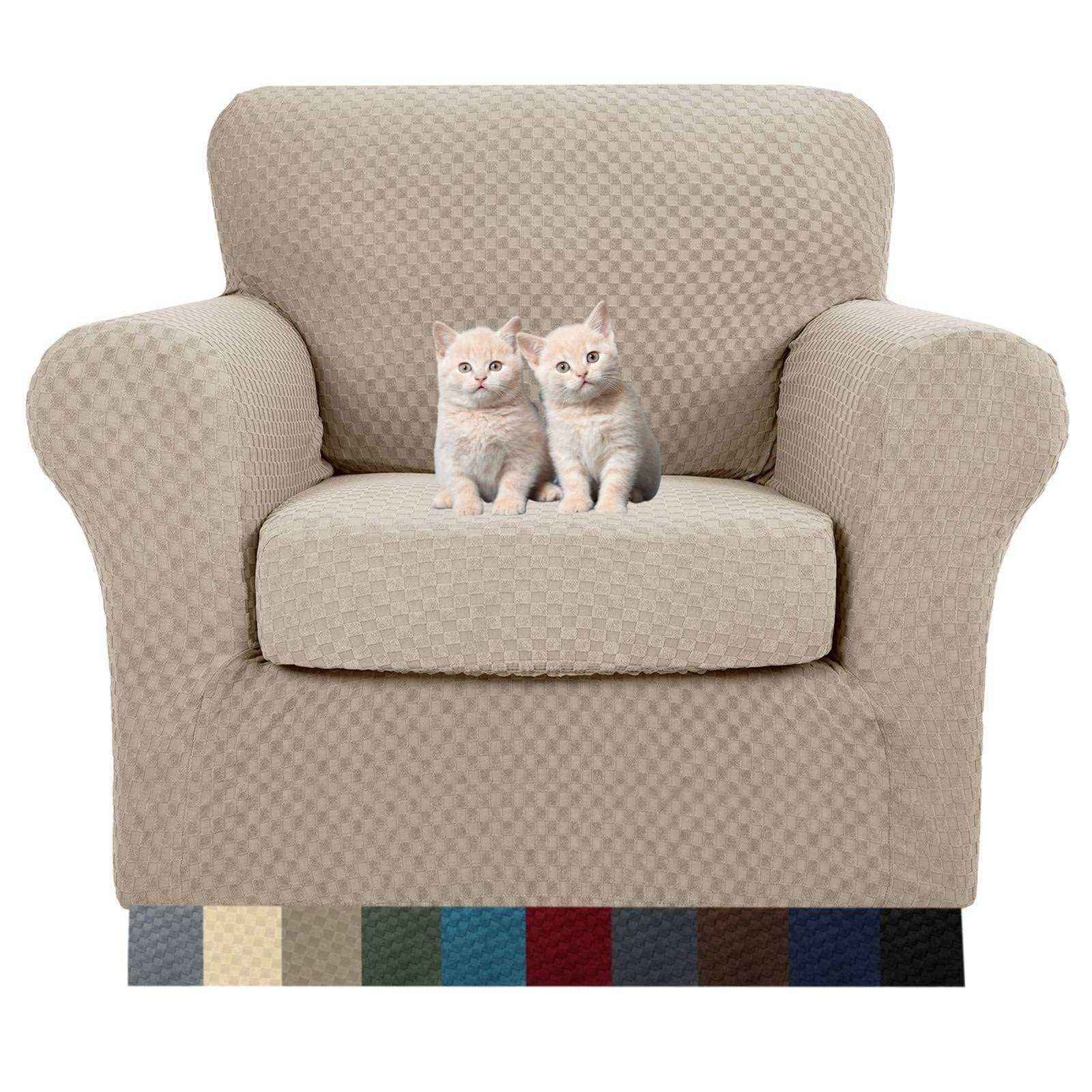 MAXIJIN 2 Piece Newest Jacquard Chair Covers with Arms Super Stretch Non Slip Chair Slipcover for Living Room Dogs Pet Friendly Elastic Sofa Couch Protector Armchair Cover (Chair, Khaki)